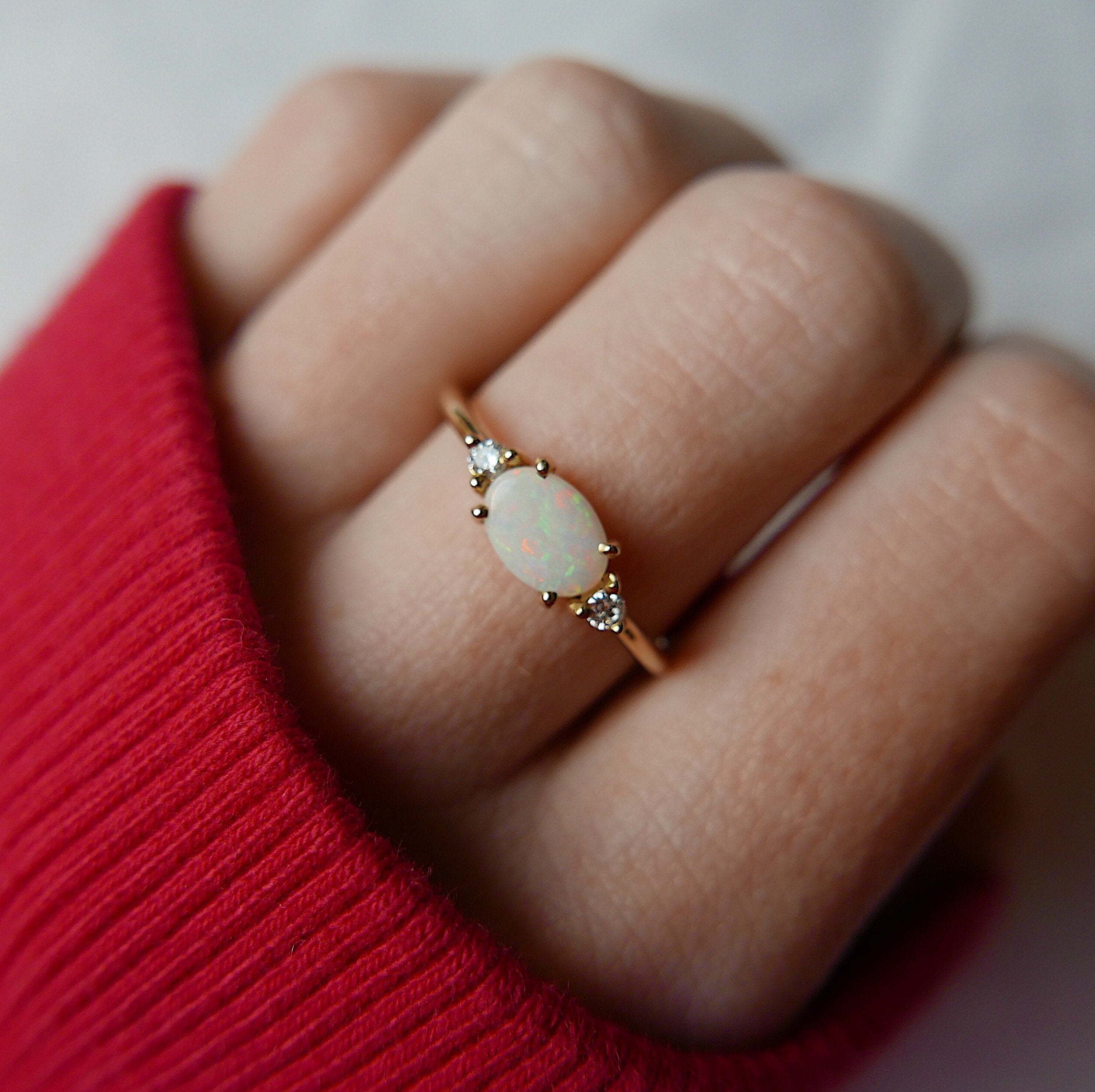 Oval Opal Ring 2.0, three stone ring, oval and diamond ring, 14k gold opal ring, east west ring