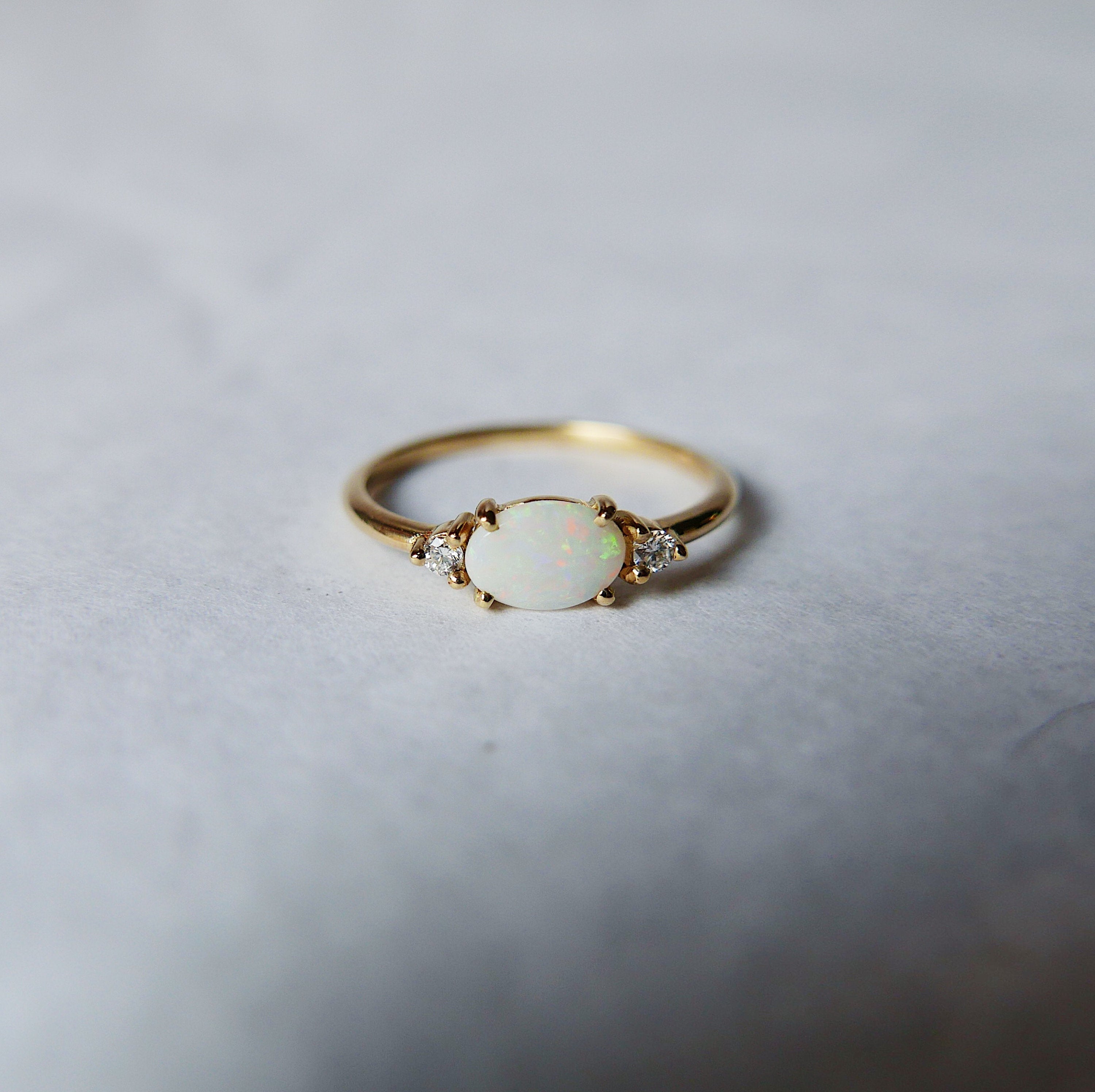 Oval Opal Ring 2.0, three stone ring, oval and diamond ring, 14k gold opal ring, east west ring