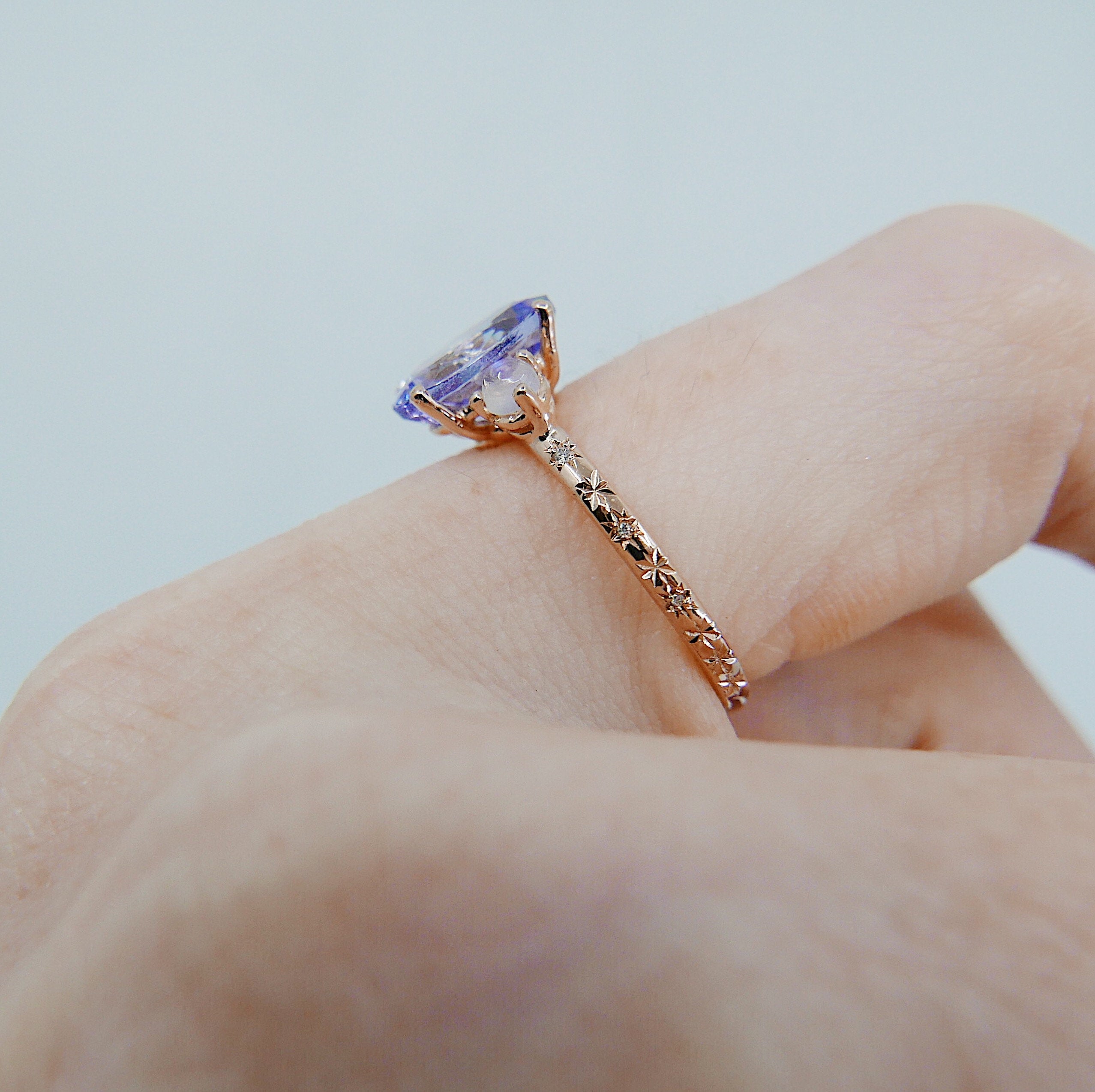 Twilight Tanzanite and Moonstone Ring, three stone ring, moonstone and tanzanite ring, 14k gold ring, diamond band, starry band