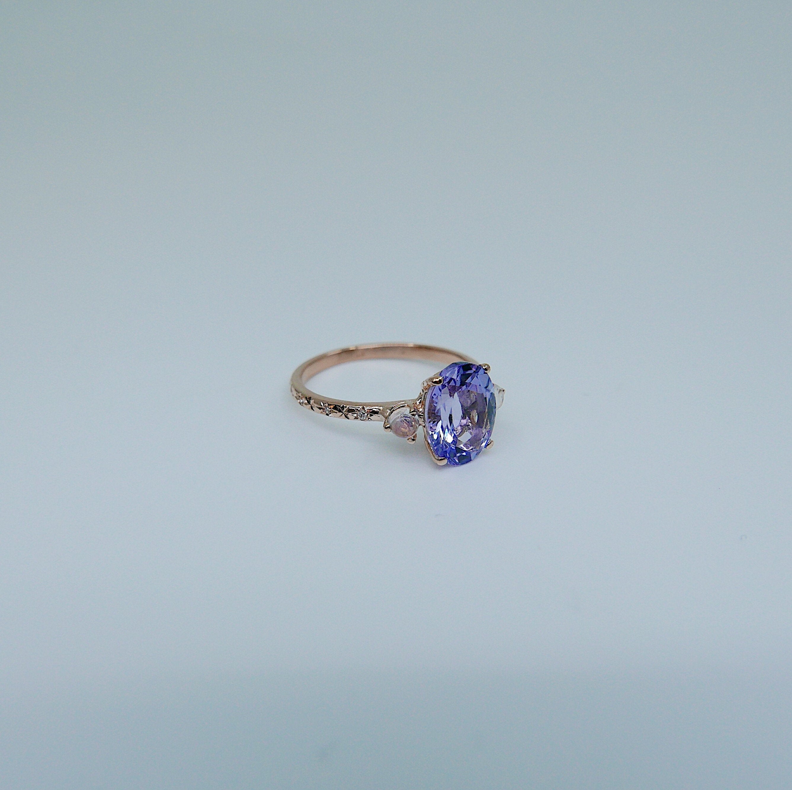 Twilight Tanzanite and Moonstone Ring, three stone ring, moonstone and tanzanite ring, 14k gold ring, diamond band, starry band