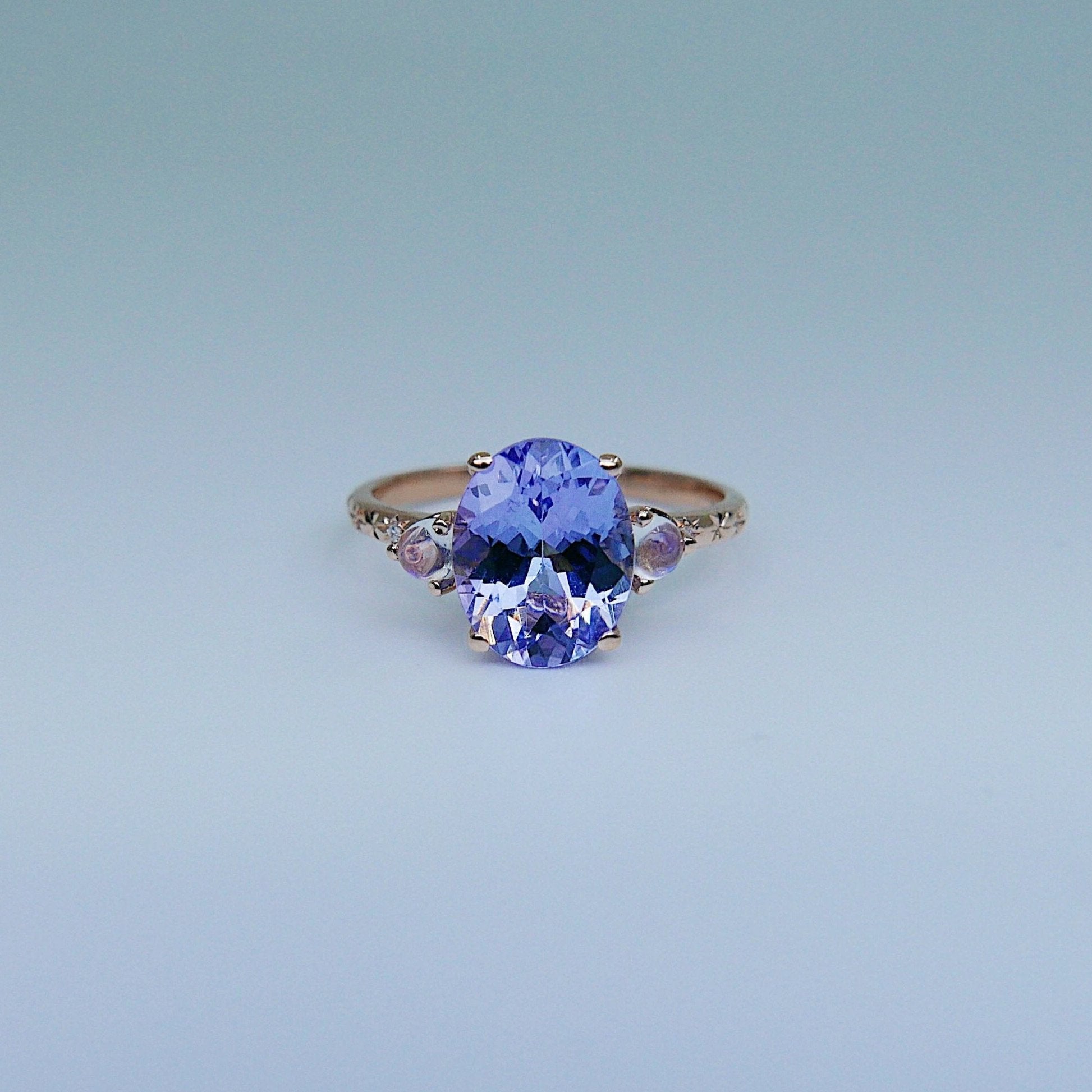 Twilight Tanzanite and Moonstone Ring, three stone ring, moonstone and tanzanite ring, 14k gold ring, diamond band, starry band