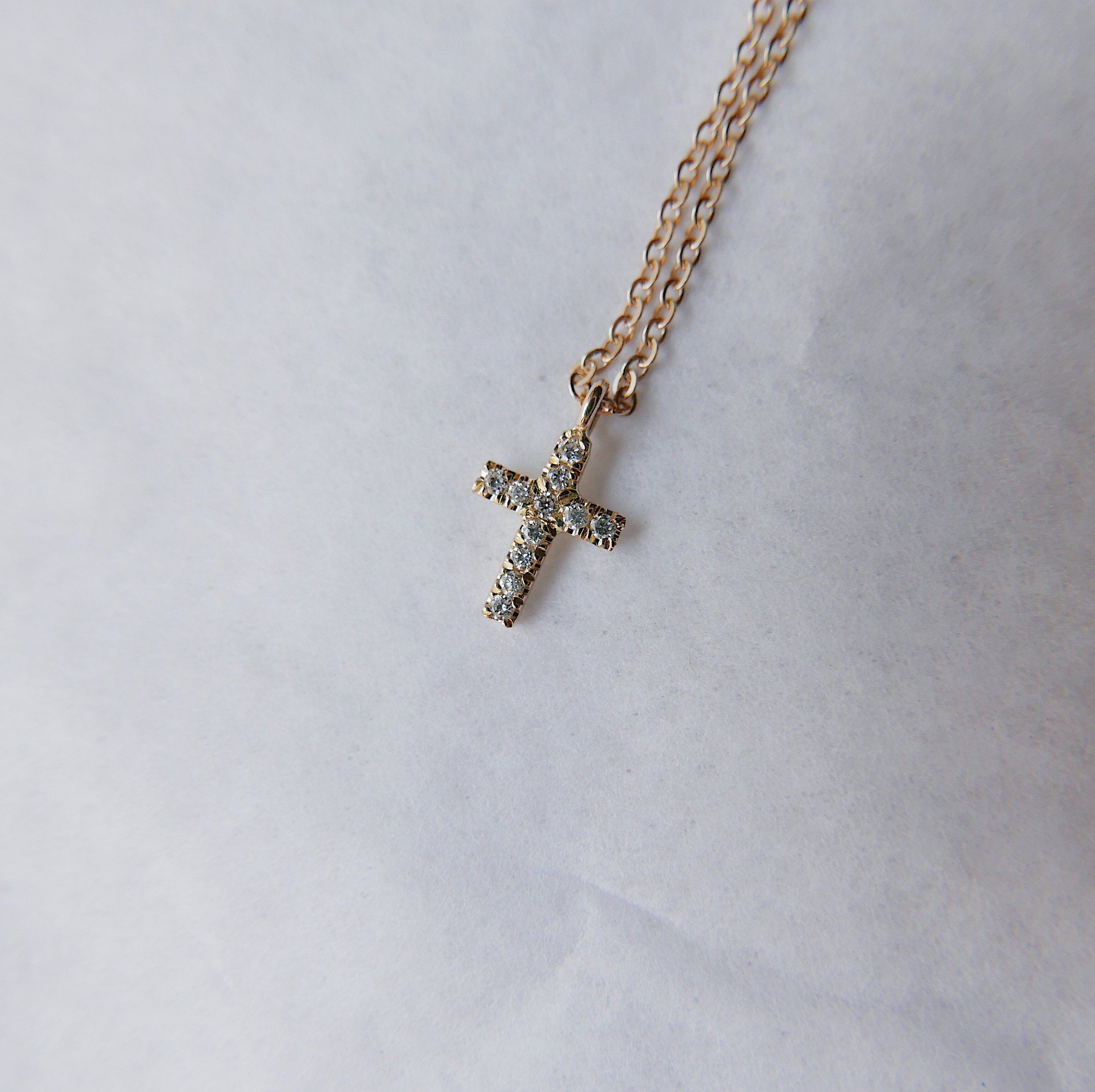 Mini Diamond Cross Necklace, 14k Gold Crucifix necklace, Small diamond cross necklace, Gold cross, Baptism necklace, Dainty gold cross