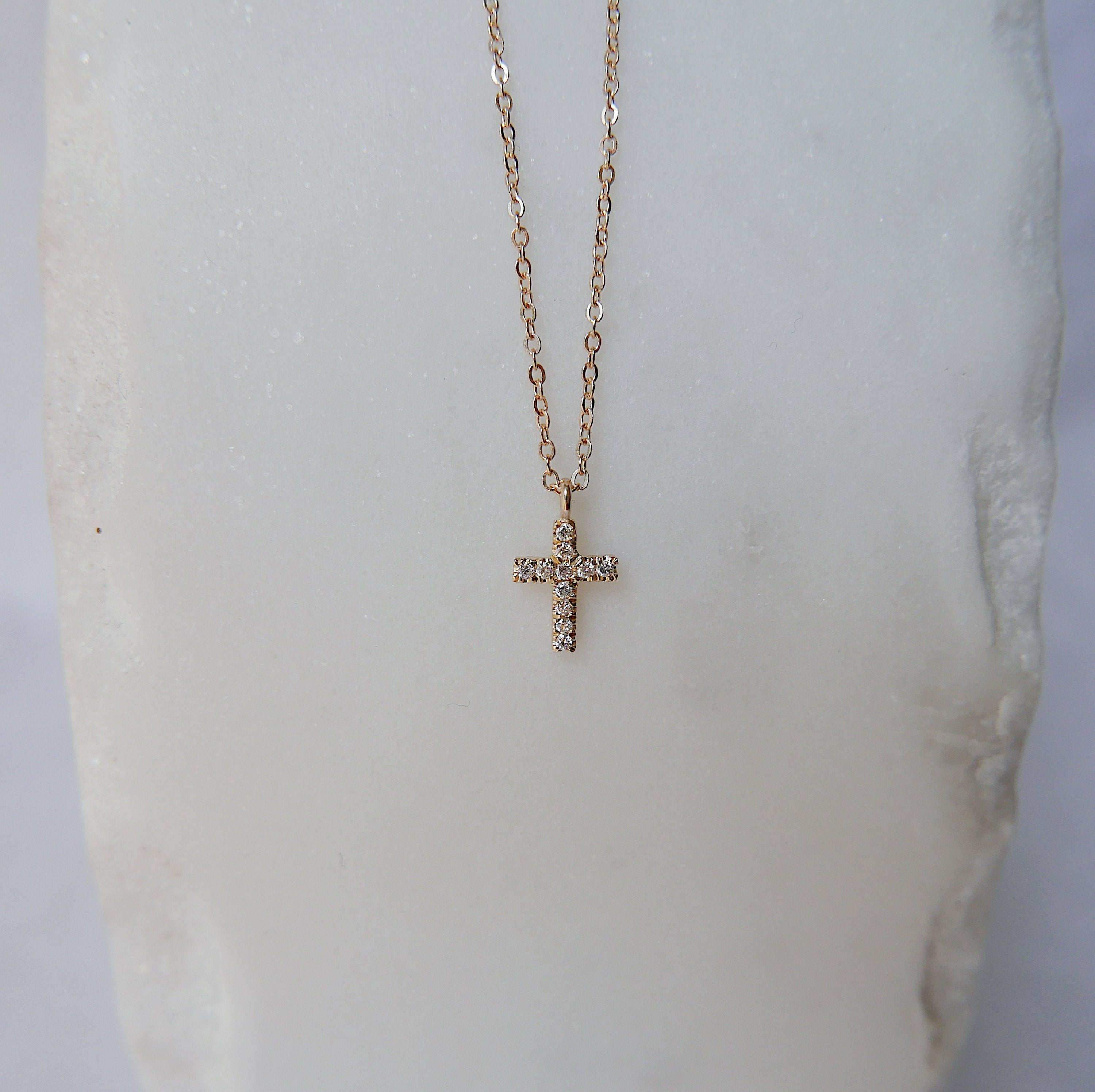 Mini Diamond Cross Necklace, 14k Gold Crucifix necklace, Small diamond cross necklace, Gold cross, Baptism necklace, Dainty gold cross