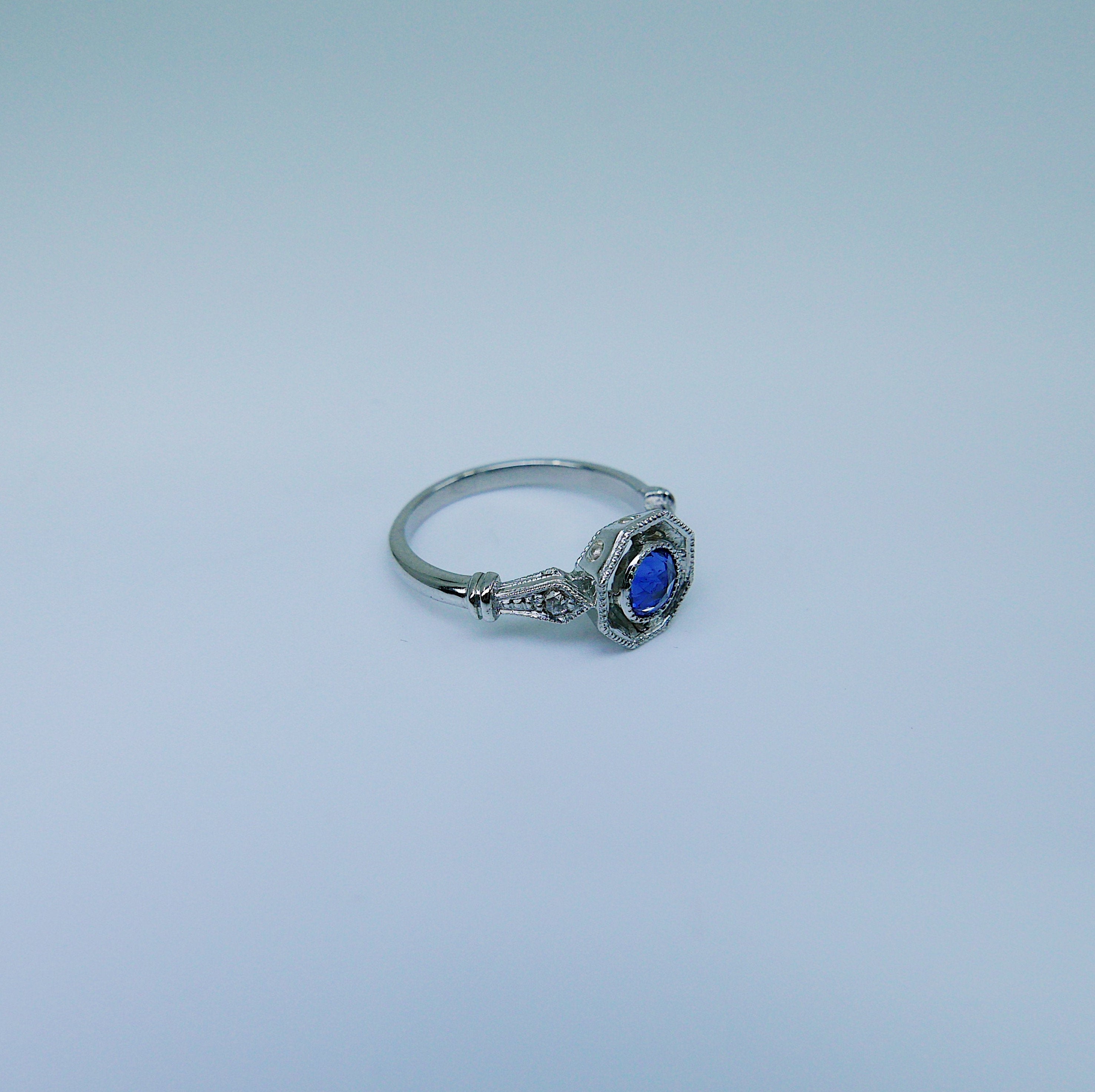 Compass Eloise Rose Cut Blue Sapphire Ring, Platinum ring, vintage inspired ring, sapphire and diamond ring