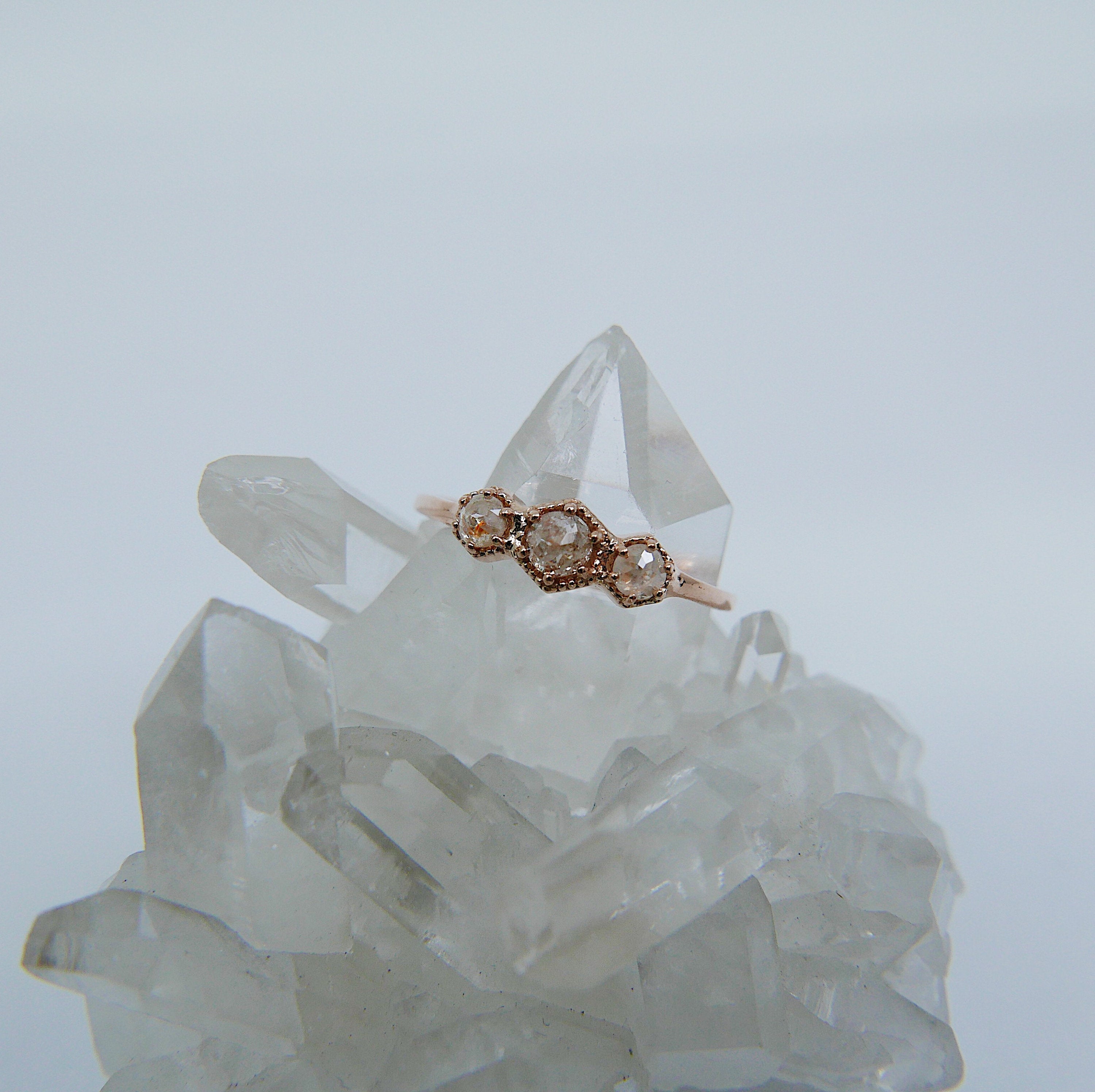 Triple Frame Ring, peach diamond bezel ring, OOAK ring, diamond stacking ring, diamond ring, triple stone ring, three stone ring, rose cut