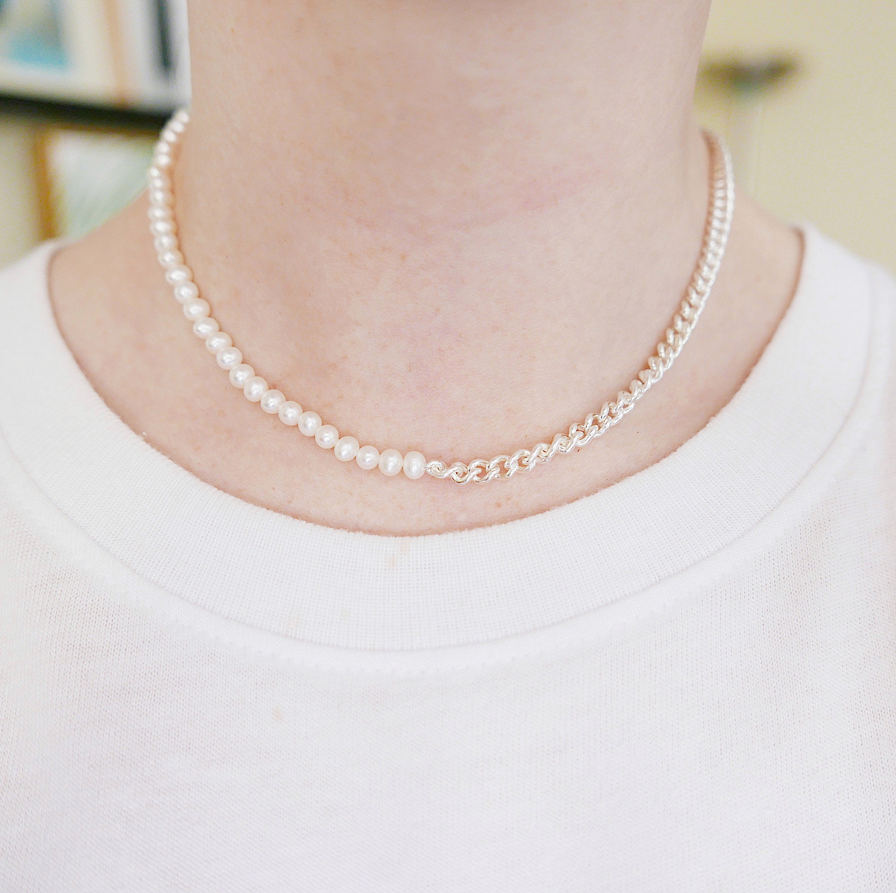 toggle choker  silver pearl choker  silver choker  silver chain choker  silver  pearl choker  pearl chain choker  Necklaces  modern  minimalist  mgj  mason grace jewelry  mason grace  jewelry  fine jewelry  edgy pearl  edgy choker  Chokers  choker