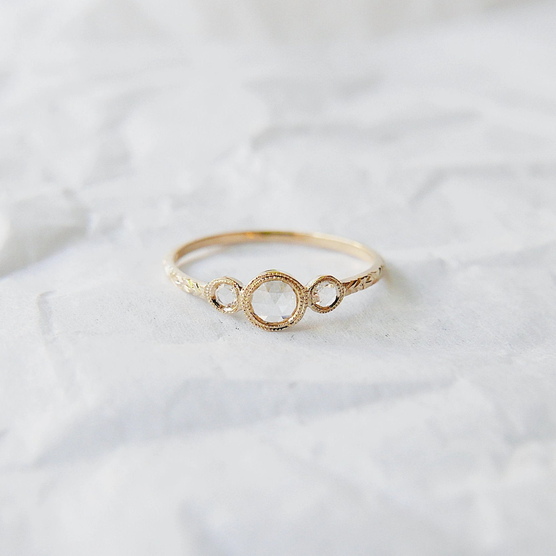 three stone ring  three stone band  three diamond ring  rose cut diamonds  Rings  minimalist  mgj  mason grace jewelry  mason grace  jewelry  hand engraved band  gift  fine jewelry  diamond ring  diamond  delicate gold ring  dainty ring  classic ring  birthstone ring