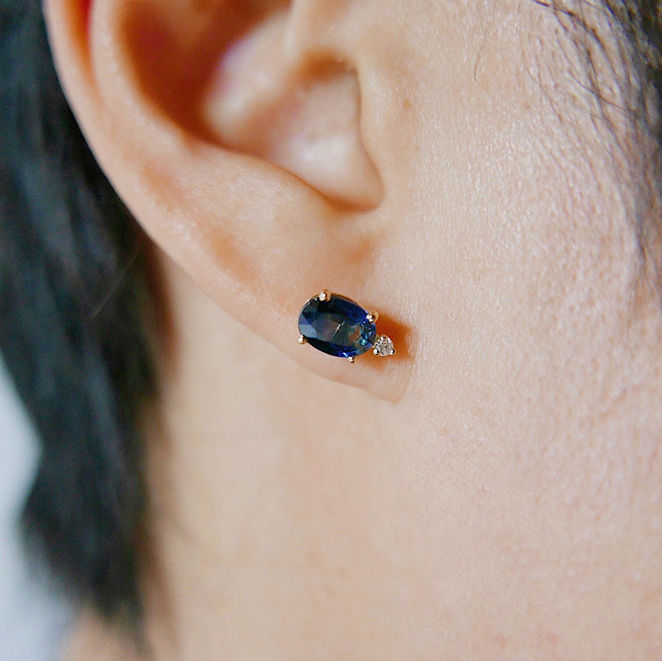 Oval Blue Sapphire & Diamond Earrings, Sapphire Earrings, Diamond Earrings, 14k Gold Stud Earrings, Two Stone Earrings