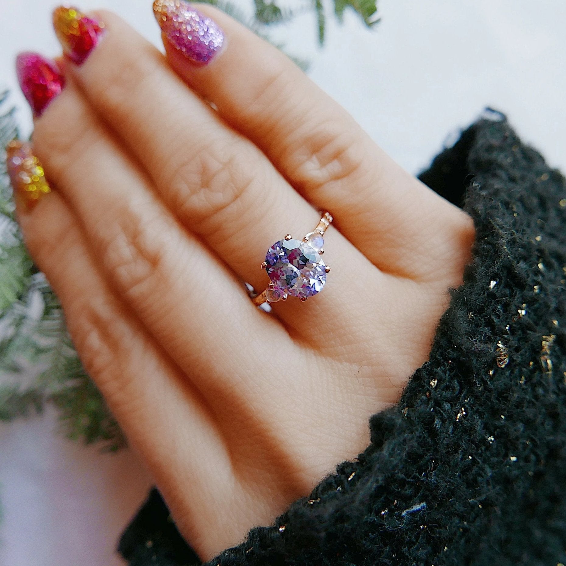 Twilight Tanzanite and Moonstone Ring, three stone ring, moonstone and tanzanite ring, 14k gold ring, diamond band, starry band