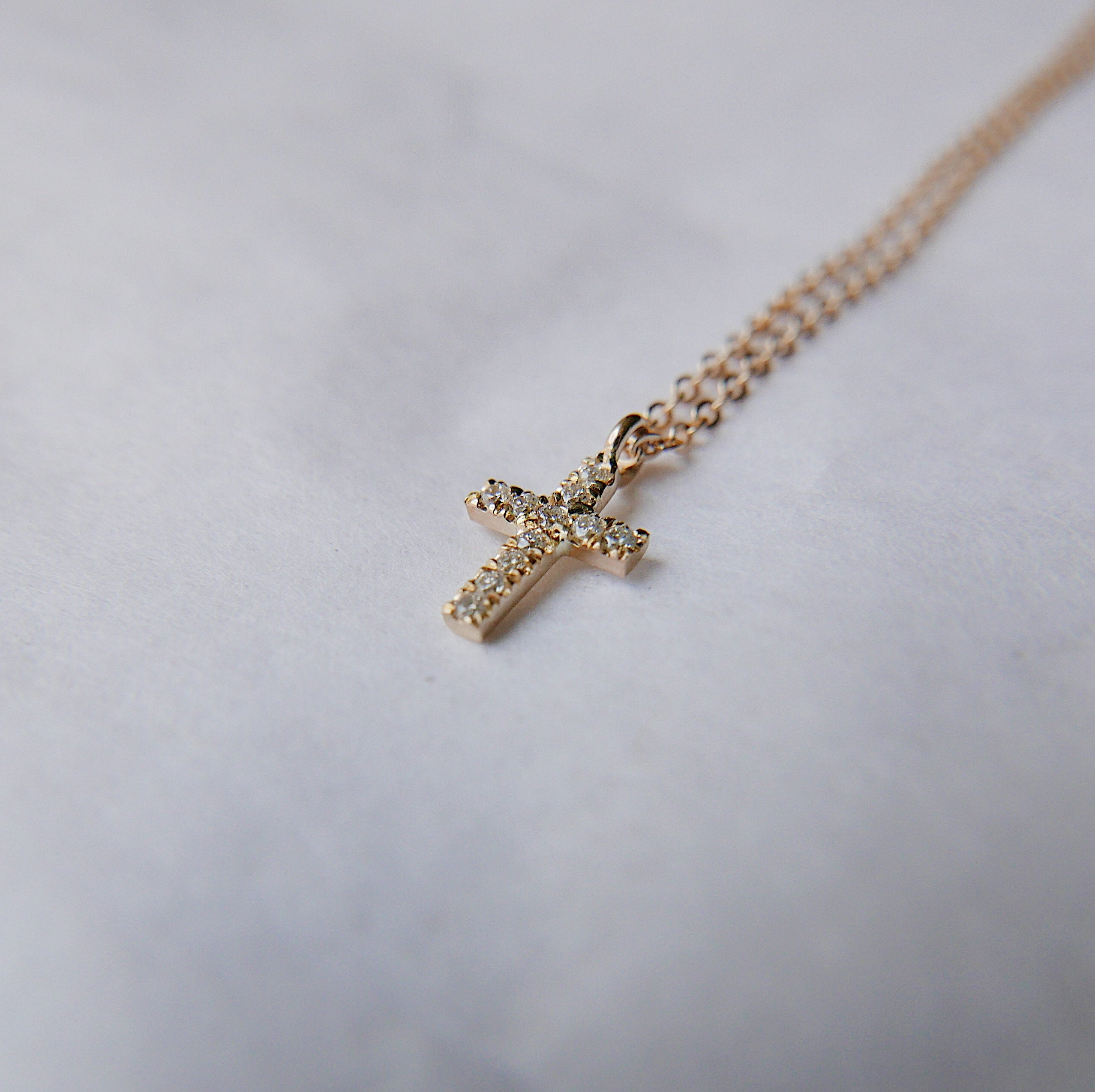 Mini Diamond Cross Necklace, 14k Gold Crucifix necklace, Small diamond cross necklace, Gold cross, Baptism necklace, Dainty gold cross