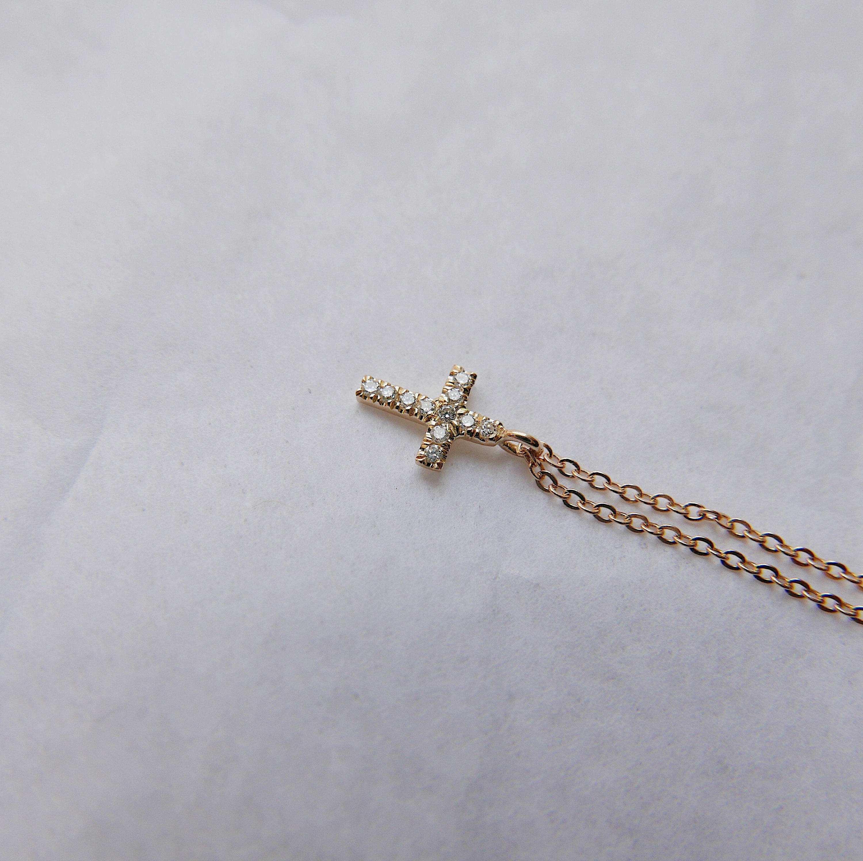 Mini Diamond Cross Necklace, 14k Gold Crucifix necklace, Small diamond cross necklace, Gold cross, Baptism necklace, Dainty gold cross