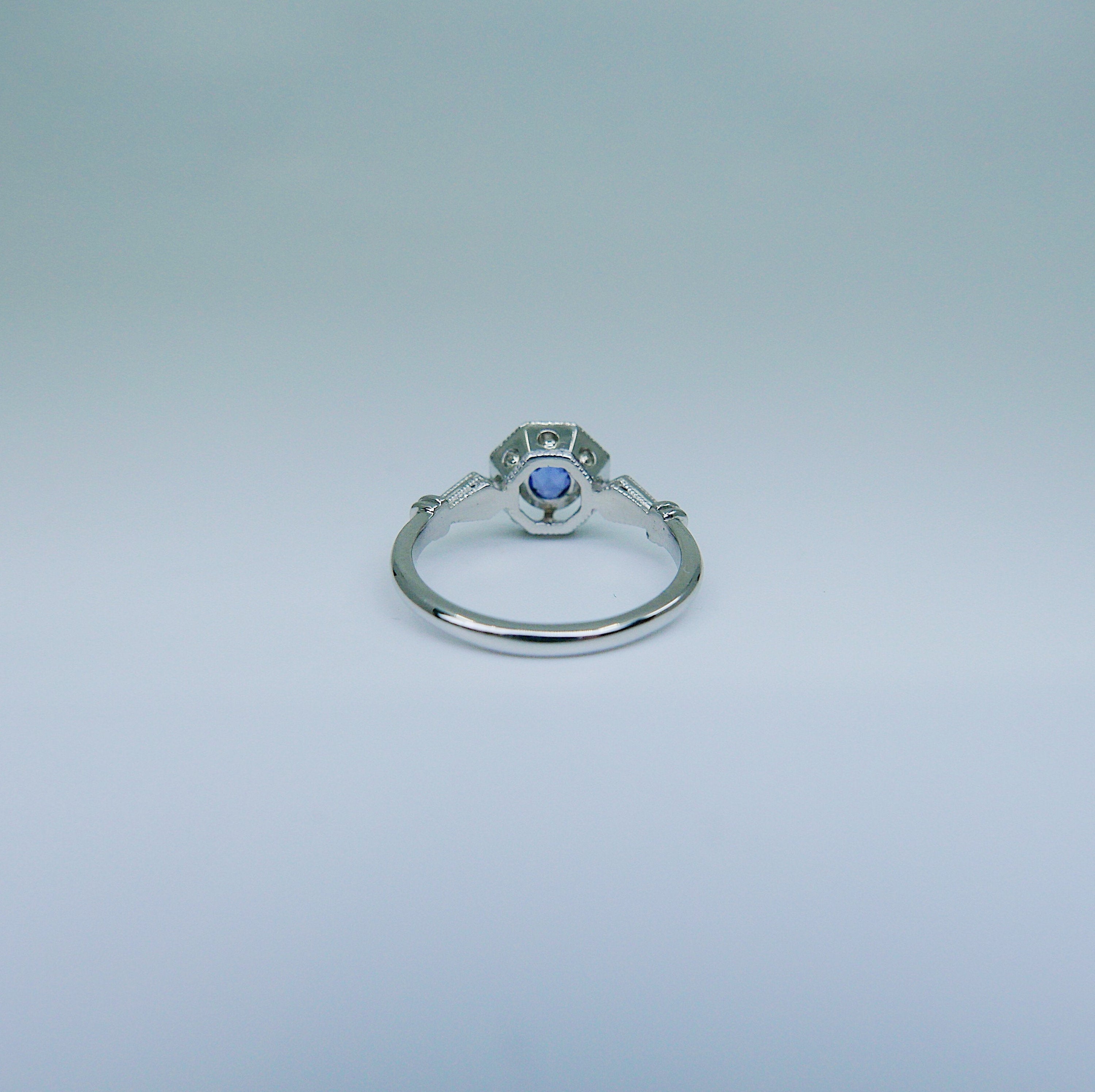 Compass Eloise Rose Cut Blue Sapphire Ring, Platinum ring, vintage inspired ring, sapphire and diamond ring