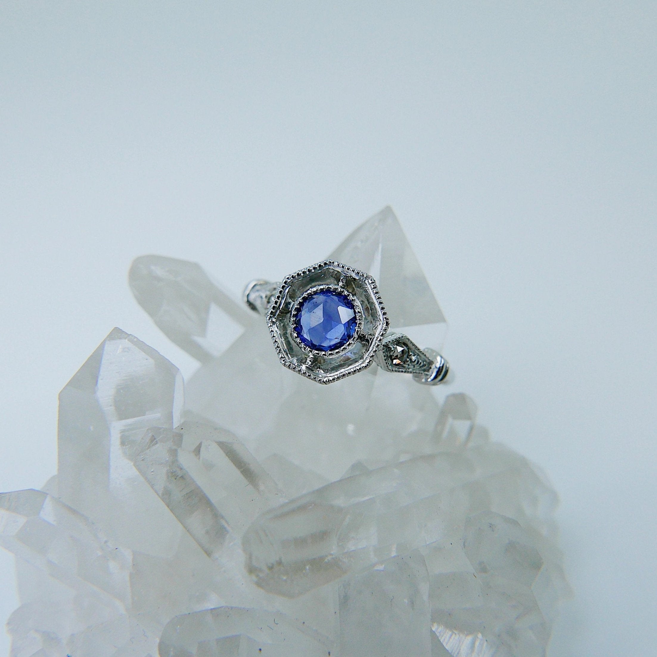 Compass Eloise Rose Cut Blue Sapphire Ring, Platinum ring, vintage inspired ring, sapphire and diamond ring