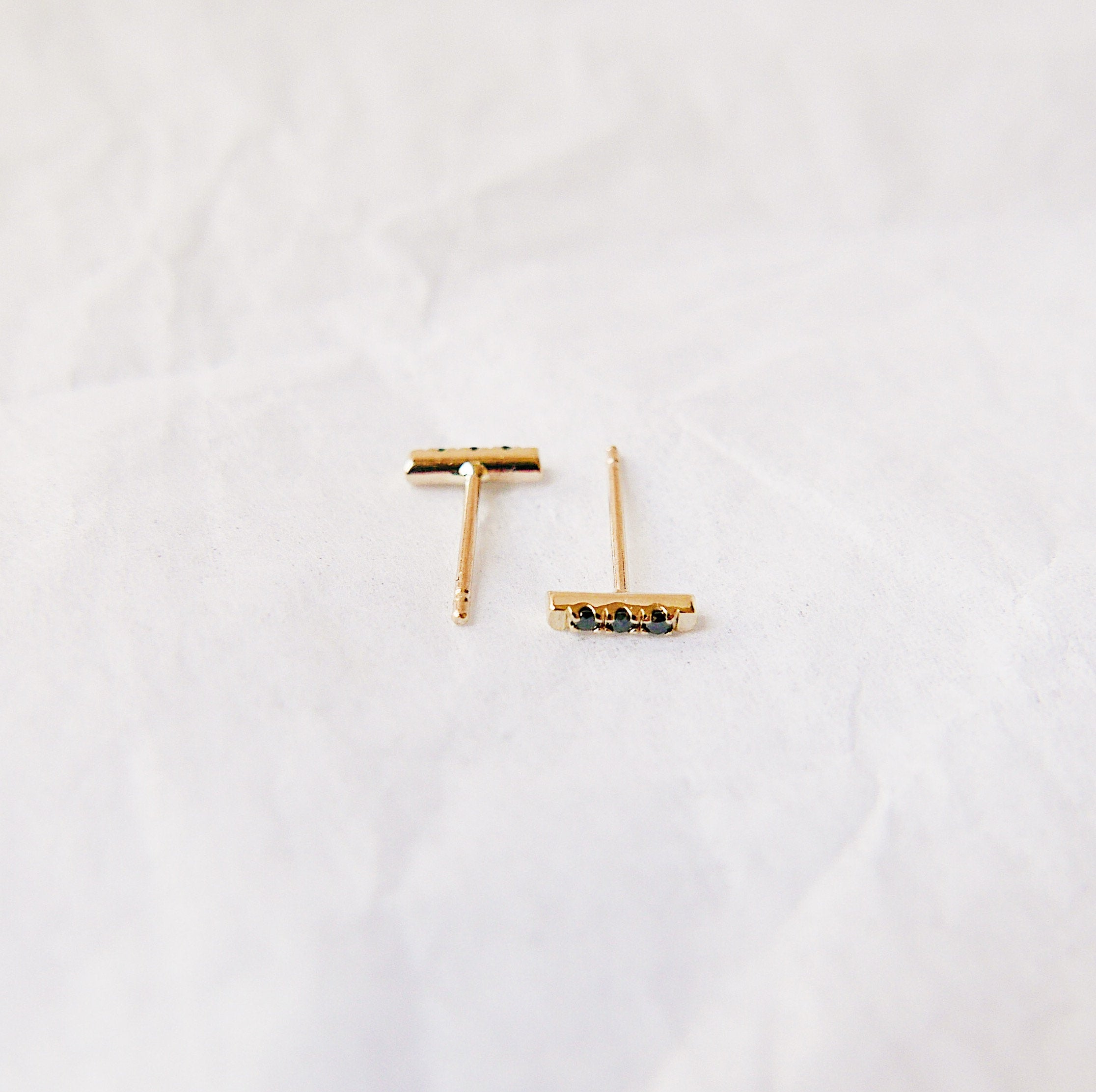 Mini Black Diamond Bar Earrings, 14k Black Diamond bar Earrings, 3 Diamond earrings, mini gold bar Earrings, small black Diamond Earrings