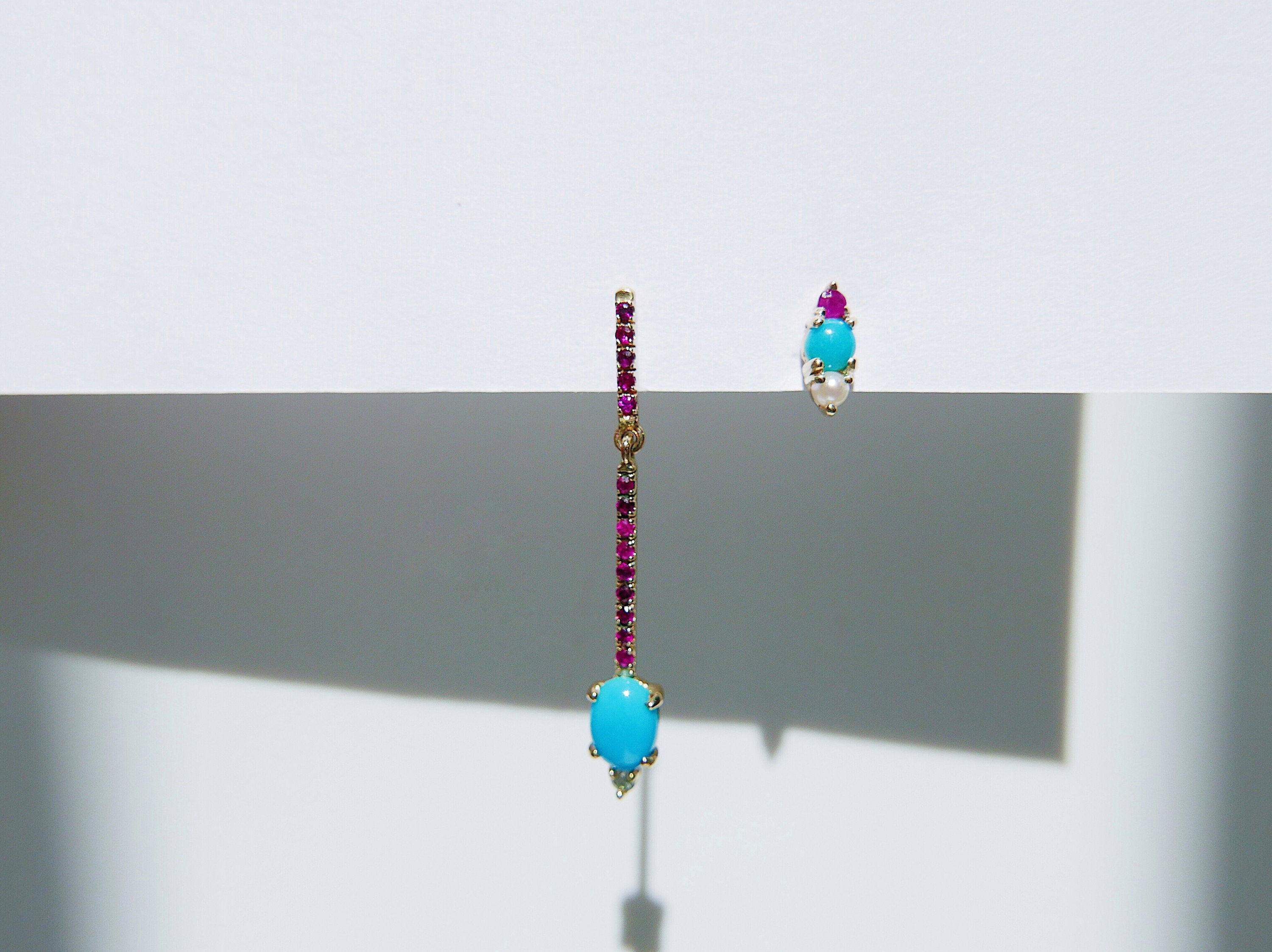 Trio Turquoise Earring , Turquoise, Ruby, Pearl 