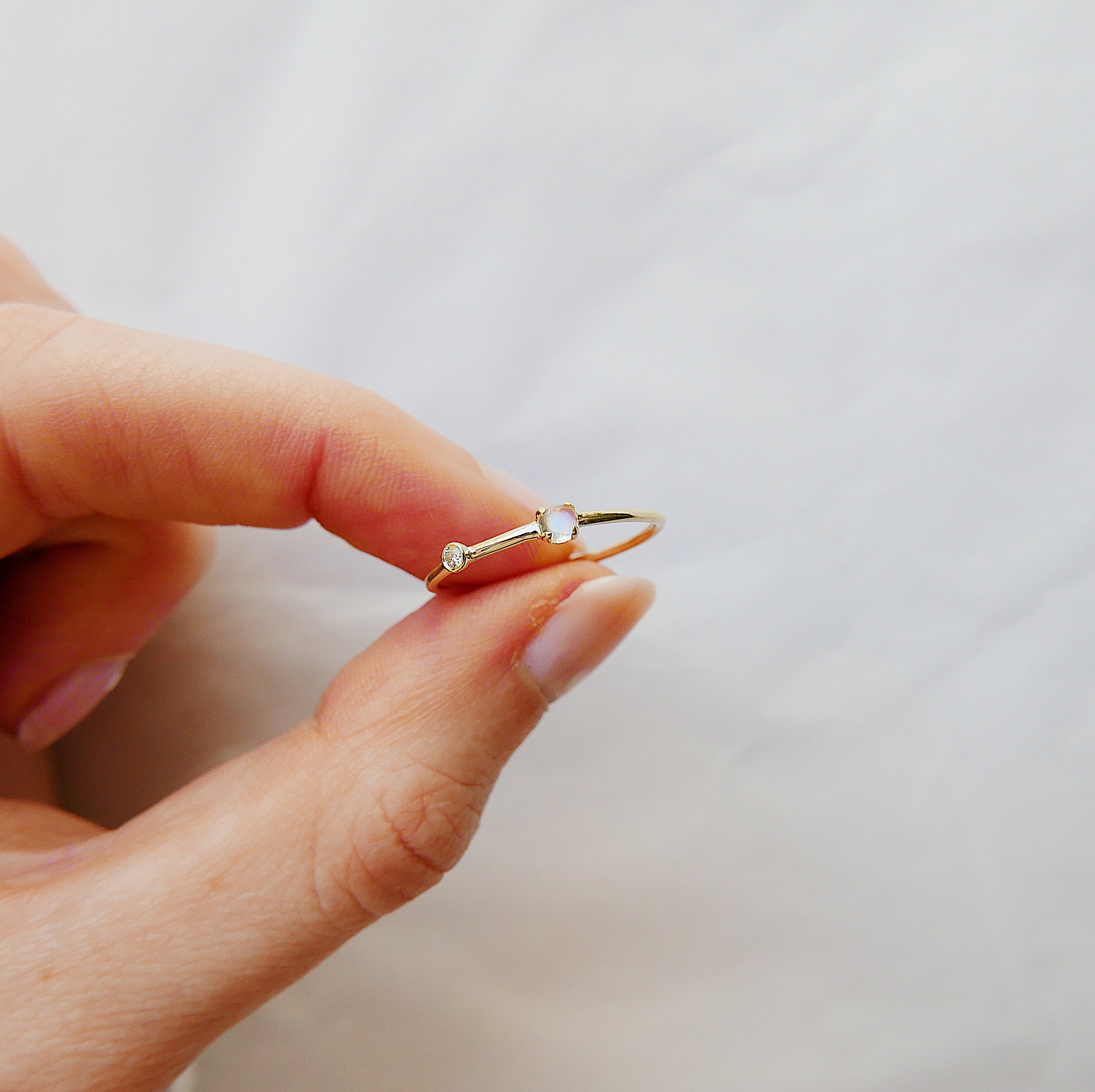 Moonstone Duet Ring (Small), 14k Diamond and moonstone Ring, Mini moonstone Ring, Stacking Bands, Stacking Rings, 14k Gold Band