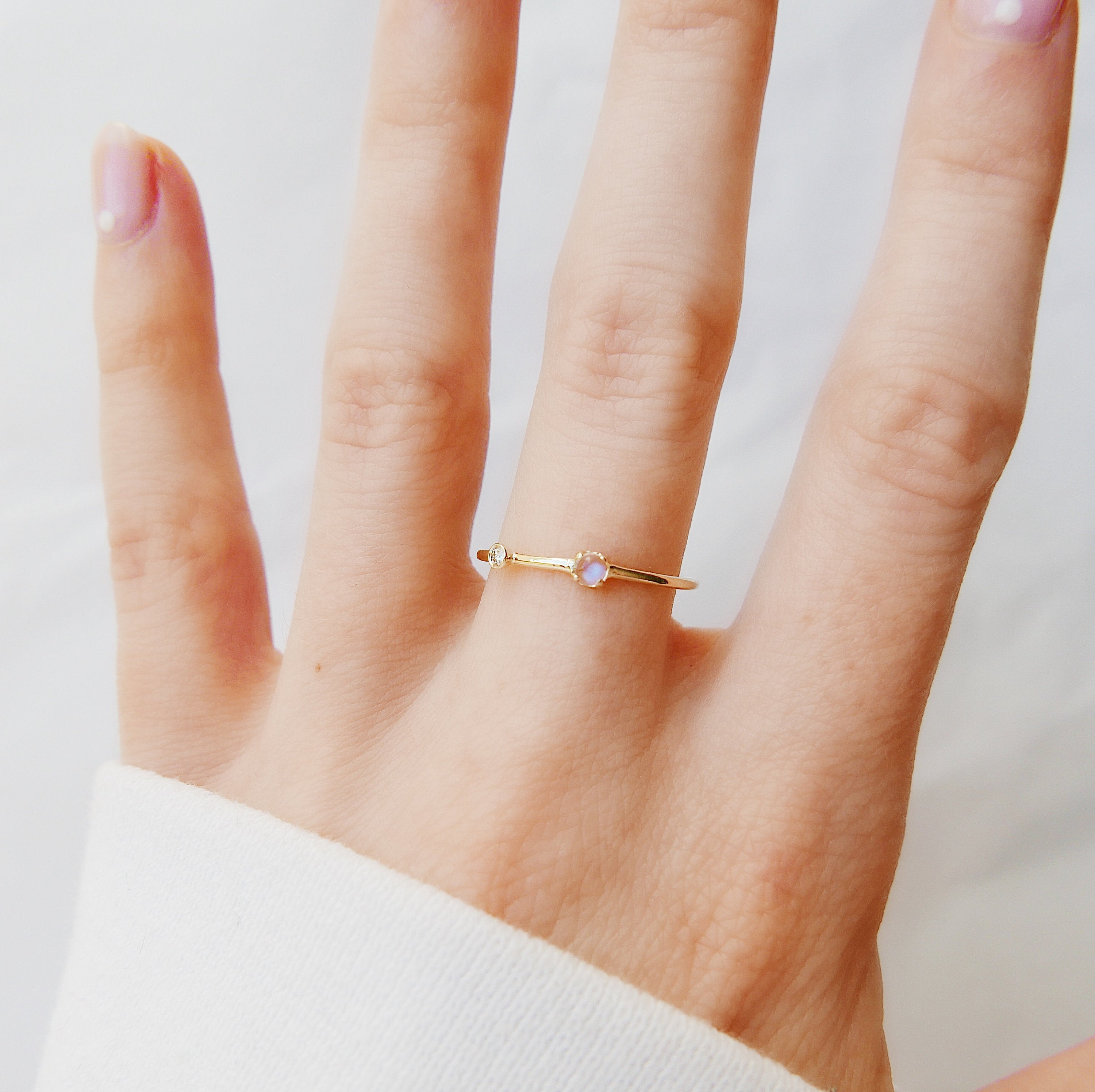 Moonstone Duet Ring (Small), 14k Diamond and moonstone Ring, Mini moonstone Ring, Stacking Bands, Stacking Rings, 14k Gold Band