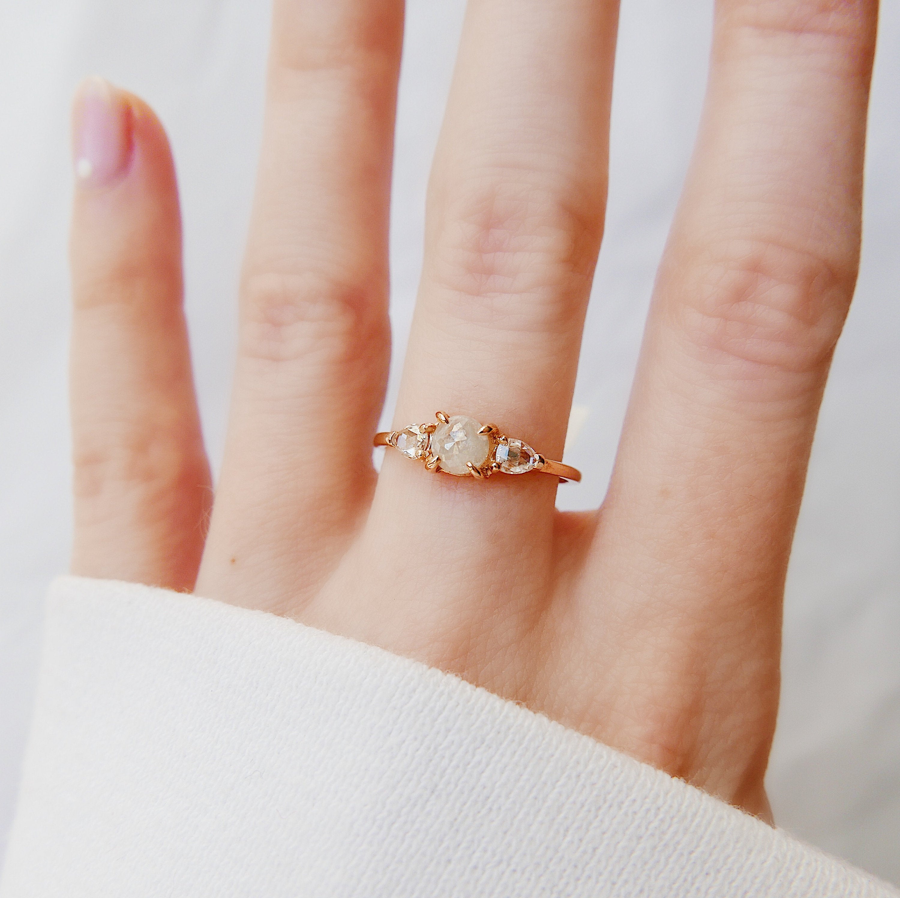 three stone ring  rustic rose cut ring  rustic diamond ring  rose cut rustic ring  rose cut ring  rose cut diamonds  rose cut diamond  Rings  ring  penelope ring  pastel ring  Multi-Stone Rings  mgj  mason grace jewelry  mason grace  jewelry  fine jewelry  dainty ring  alternative bridal  3 stone ring