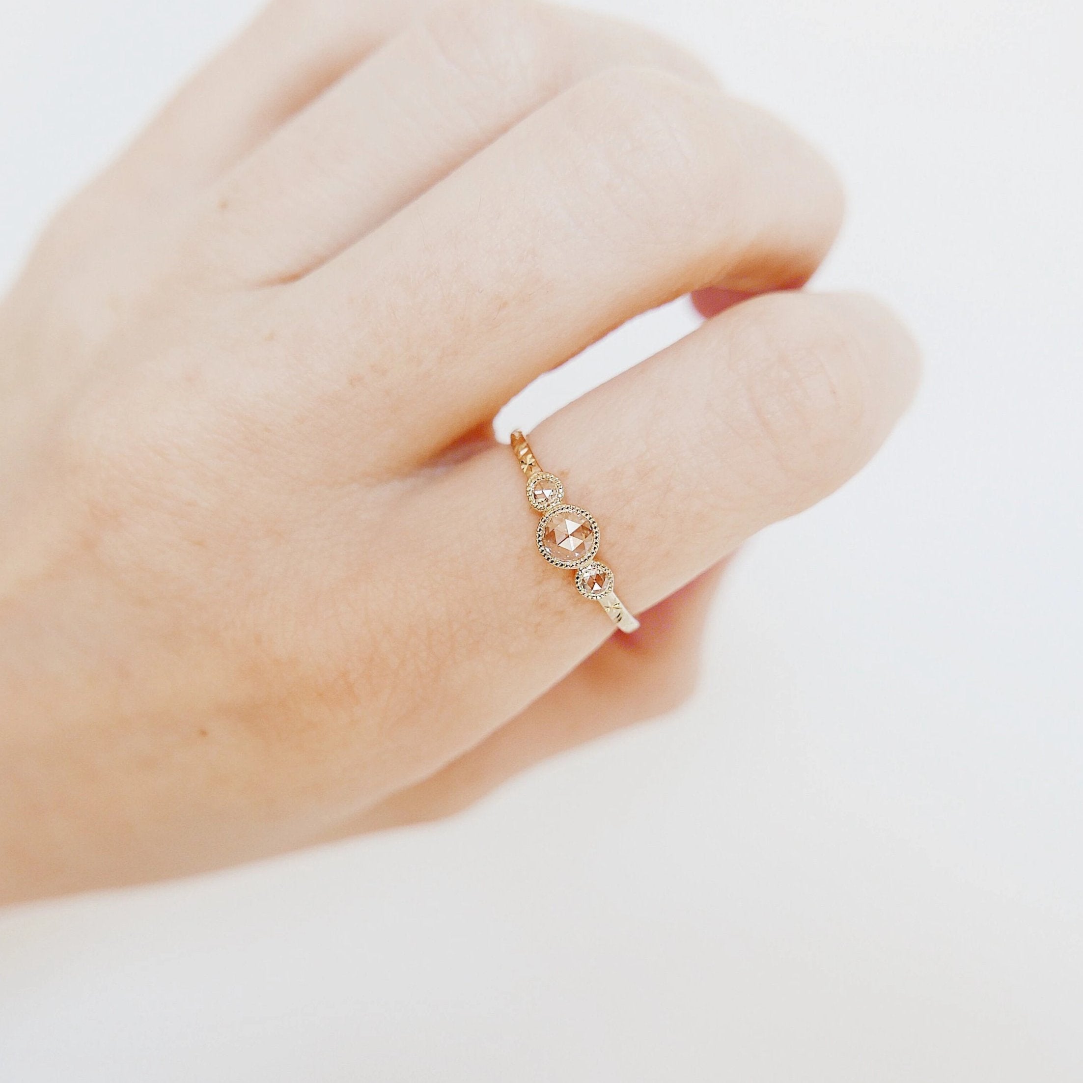 three stone ring  three stone band  three diamond ring  rose cut diamonds  Rings  minimalist  mgj  mason grace jewelry  mason grace  jewelry  hand engraved band  gift  fine jewelry  diamond ring  diamond  delicate gold ring  dainty ring  classic ring  birthstone ring