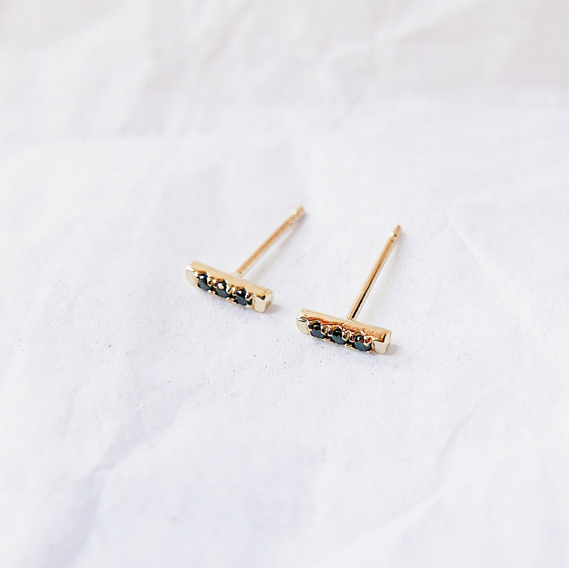 Mini Black Diamond Bar Earrings, 14k Black Diamond bar Earrings, 3 Diamond earrings, mini gold bar Earrings, small black Diamond Earrings