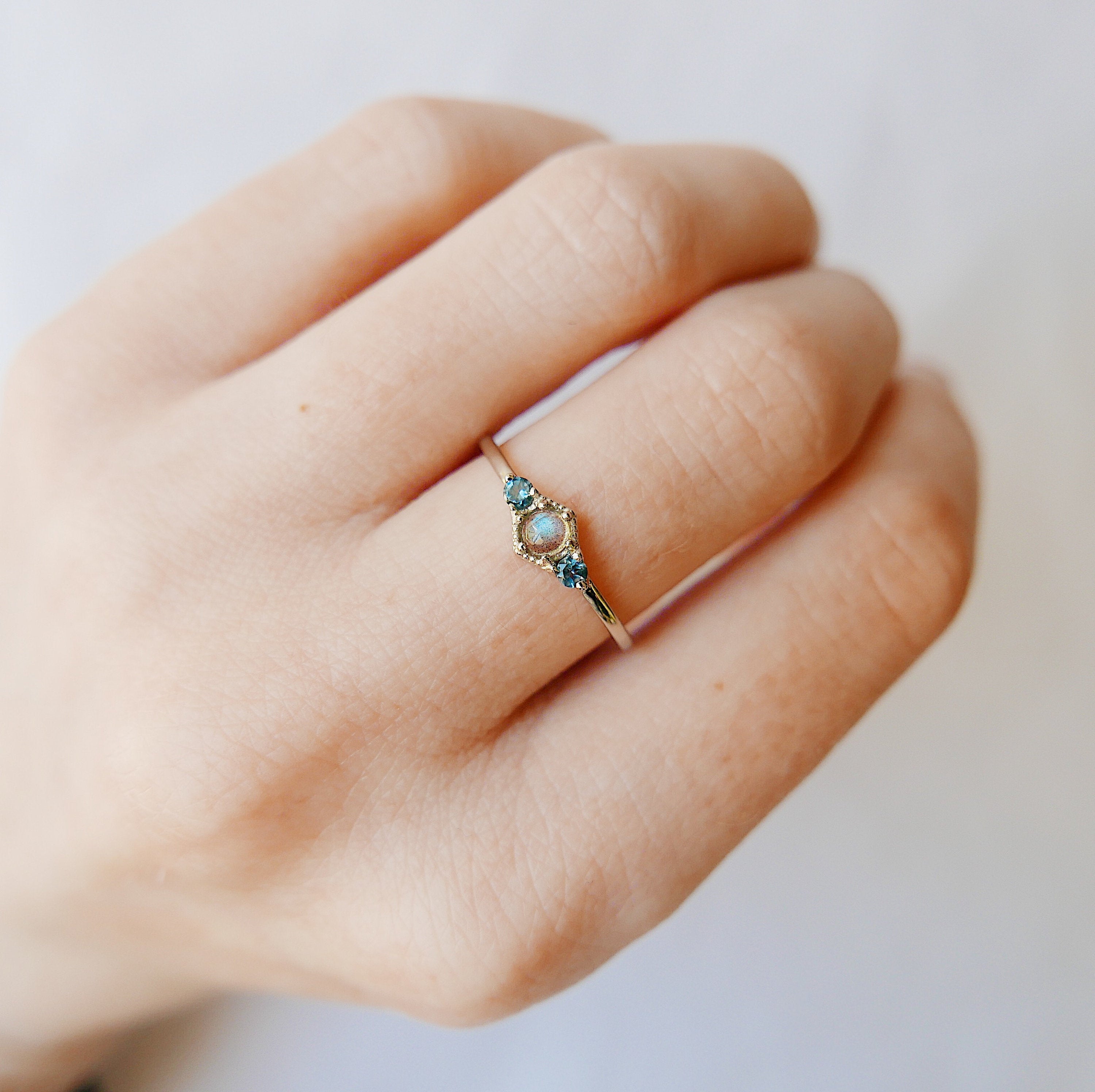 topaz ring  three stone ring  stacking ring  Rings  Multi-Stone Rings  mgj  mason grace jewelry  mason grace  london blue topaz  labradorite topaz  labradorite ring  jewelry  fine jewelry  dainty ring  birthstone ring  art deco topaz  art deco style ring  art deco ring  art deco labradorite  14k gold ring