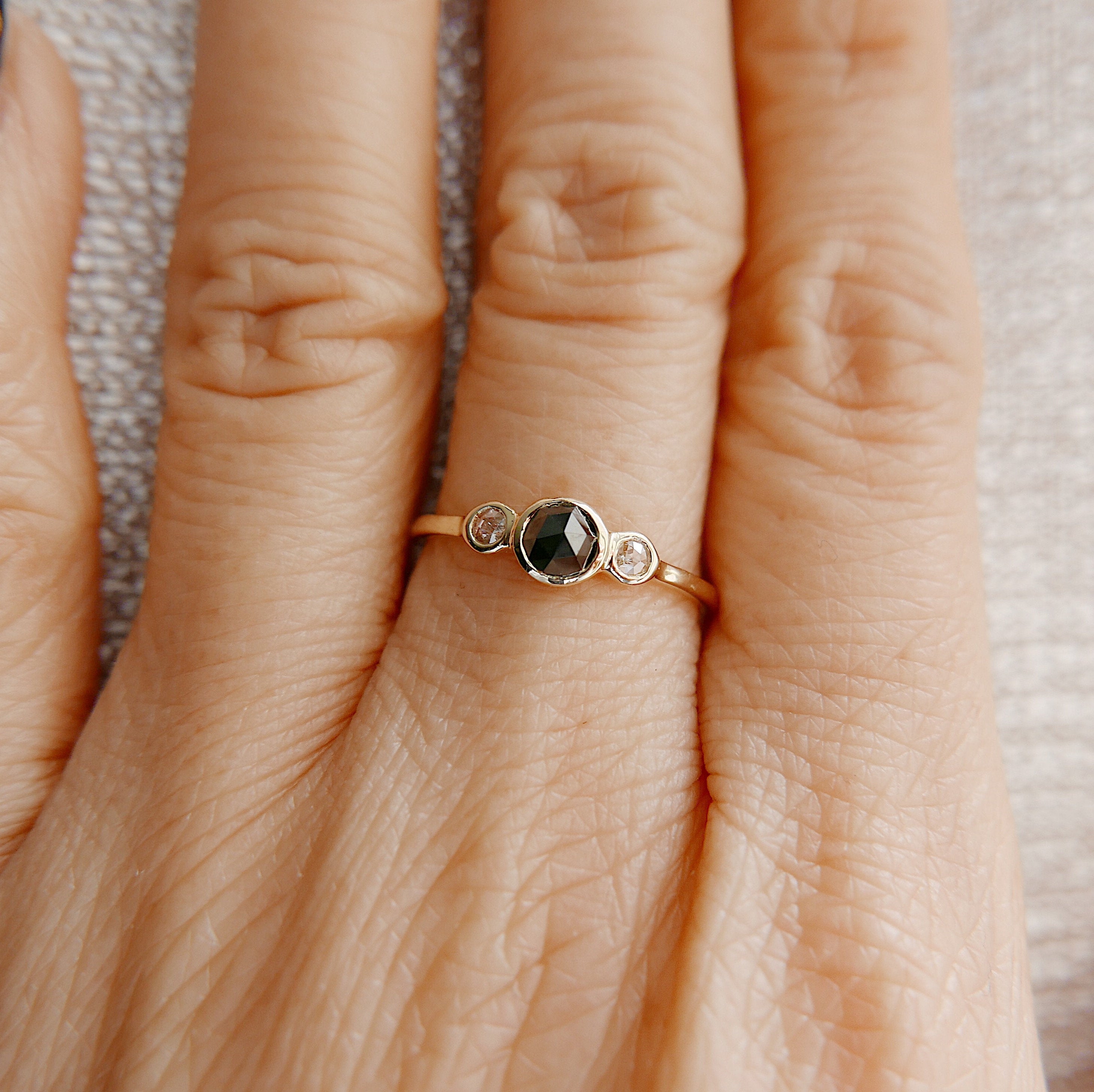 three stone ring  rosecut ring  rosecut diamond  rosecut band  Rings  minimalist  mgj  mason grace jewelry  mason grace  jewelry  gift  fine jewelry  engagement ring  diamond band  diamond  dainty ring  classic diamond ring  black diamond ring  birthstone ring