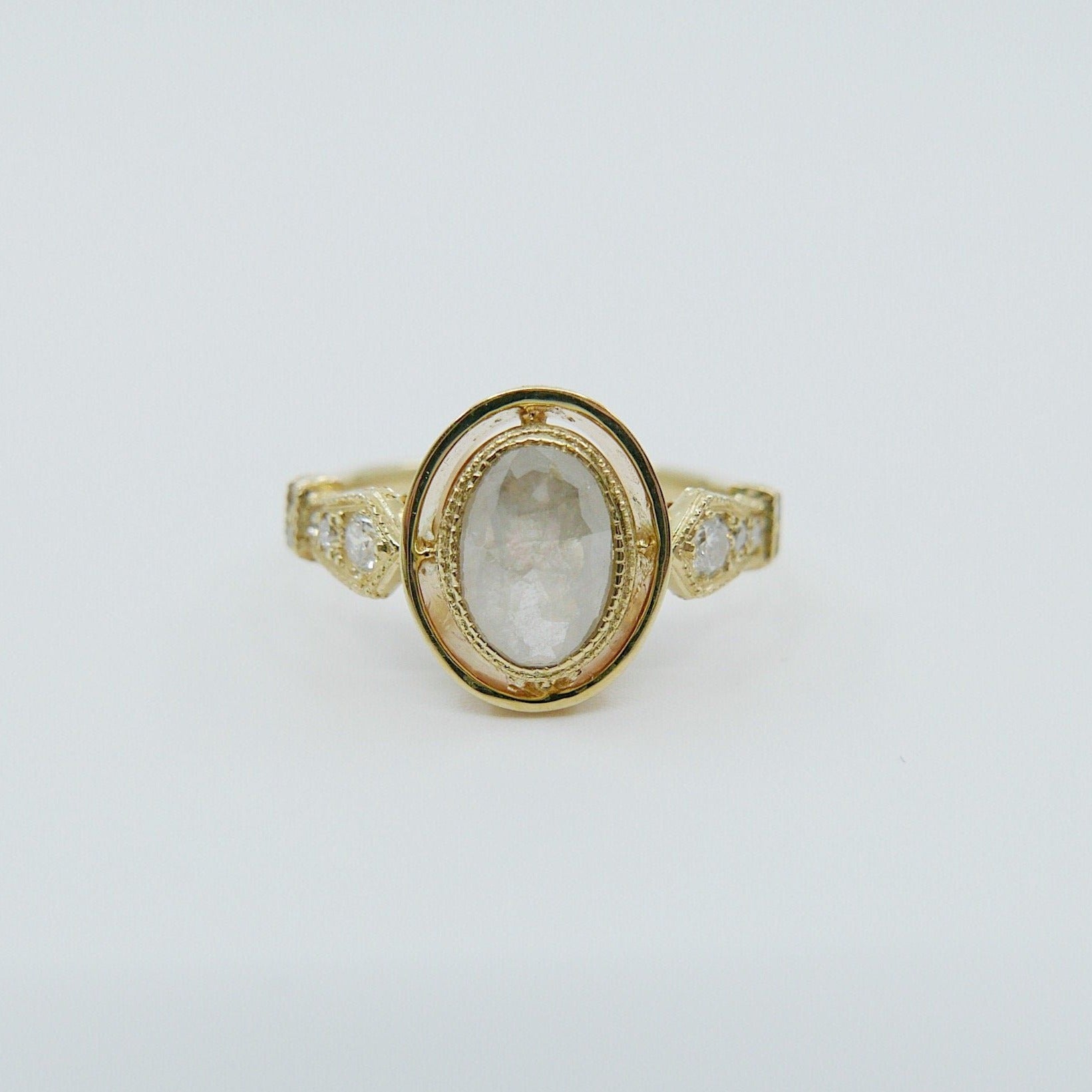 unique diamond ring  Statement Rings  rustic oval ring  rustic diamond ring  rustic diamond  Rings  oval rustic diamond  OOAK  mgj  mason grace jewelry  mason grace  jewelry  hazel ring  halo diamond ring  gray diamond ring  fine jewelry  diamond ring  classy ring  classic ring  alternative bridal