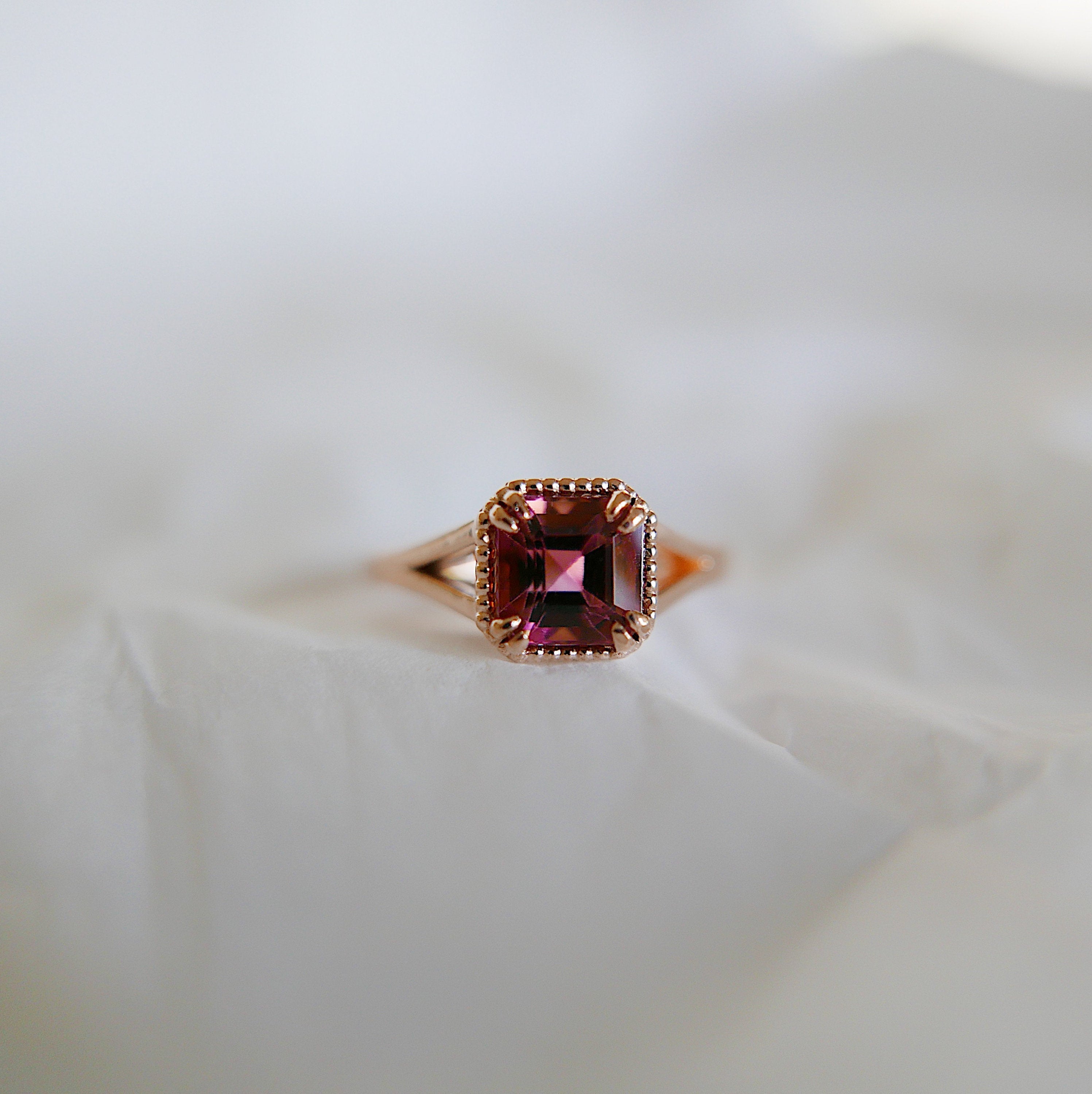 wedding ring  vintage inspired  tourmaline ring  square cut ring  Rings  raspberry tourmaline  raspberry ring  push gift  pink and red ring  OOAK  Multi-Stone Rings  mgj  mason grace jewelry  mason grace  jewelry  fine jewelry  Engagement ring  Classic ring  Art Deco  anniversary ring  alternative bridal