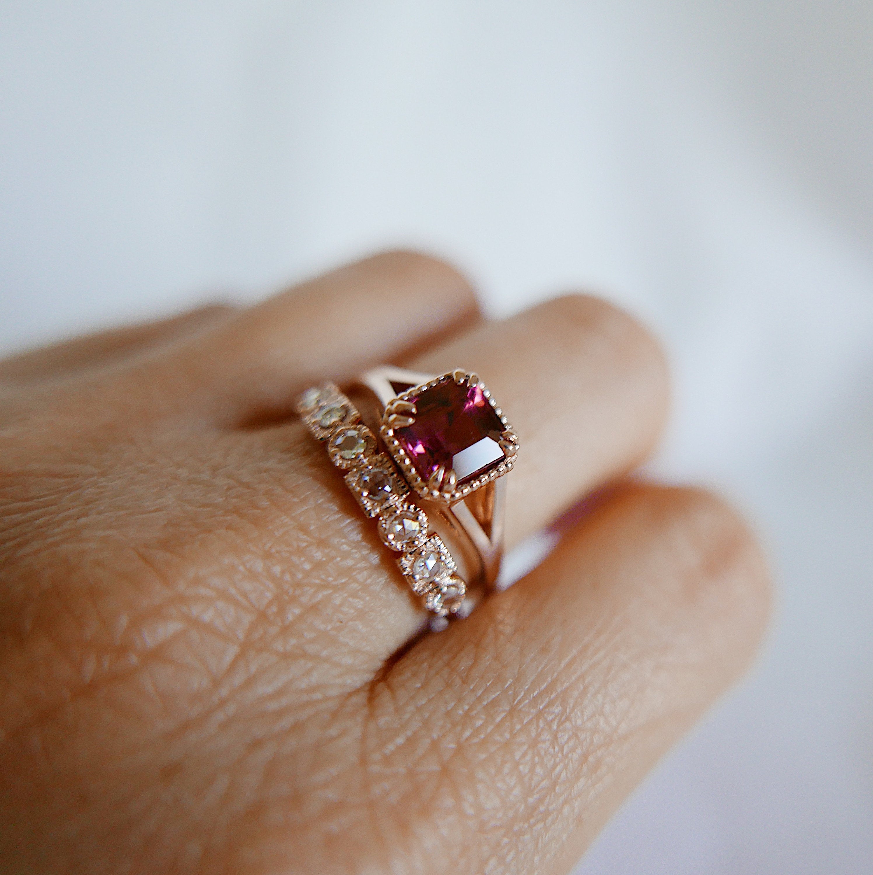 wedding ring  vintage inspired  tourmaline ring  square cut ring  Rings  raspberry tourmaline  raspberry ring  push gift  pink and red ring  OOAK  Multi-Stone Rings  mgj  mason grace jewelry  mason grace  jewelry  fine jewelry  Engagement ring  Classic ring  Art Deco  anniversary ring  alternative bridal