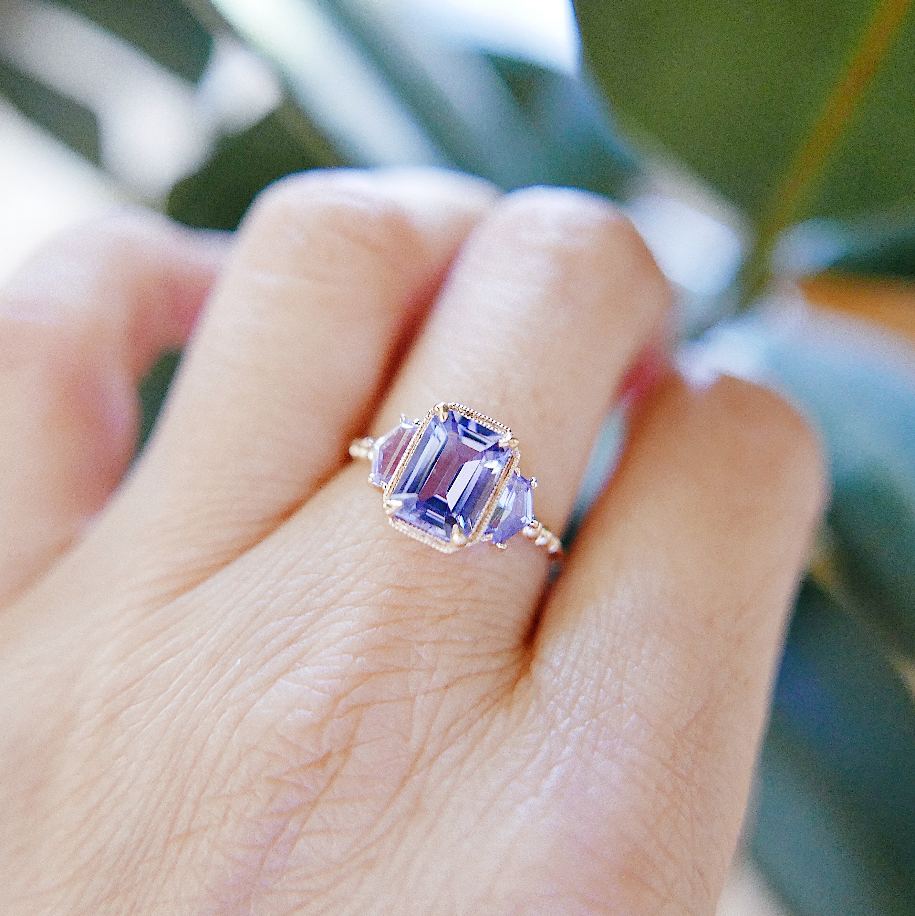 Tanzanite Ring, OOAK, three stone ring, 14k gold tanzanite ring, 14k gold ring, hand engraved band, one of a kind ring