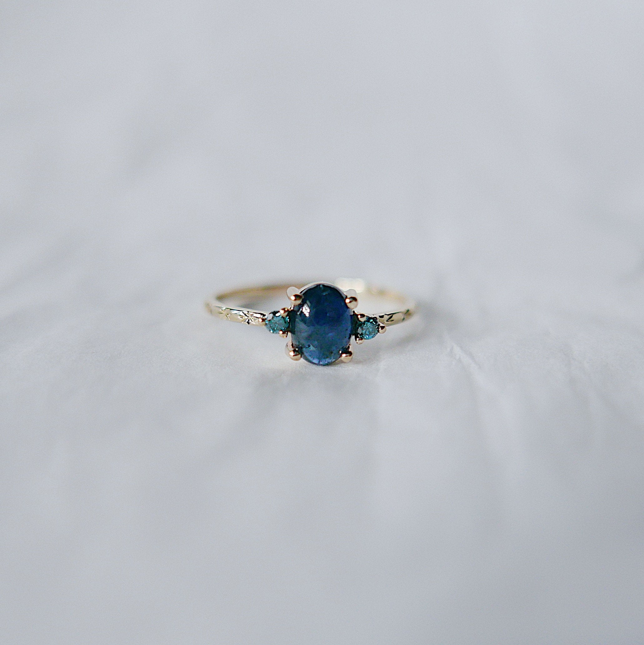 Nebula Blue Sapphire Oval Ring, OOAK, blue diamond ring, one of a kind, unique engagement ring, blue three stone hand engraved ring