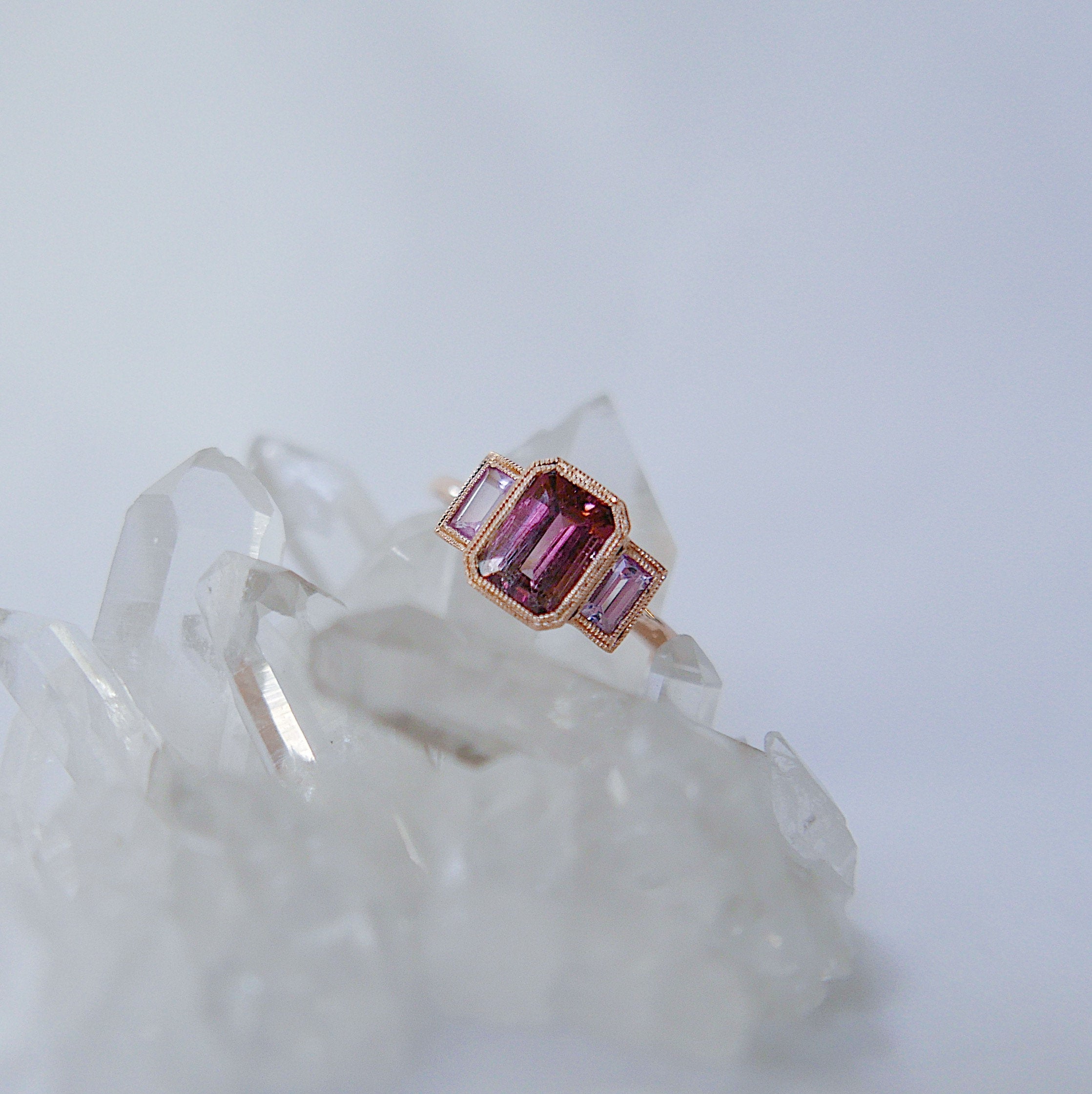 Charlotte Three Stone Tourmaline Ring, Tourmaline ring, tourmaline and sapphire ring, Pink stone wedding ring, classic engagement ring, ooak