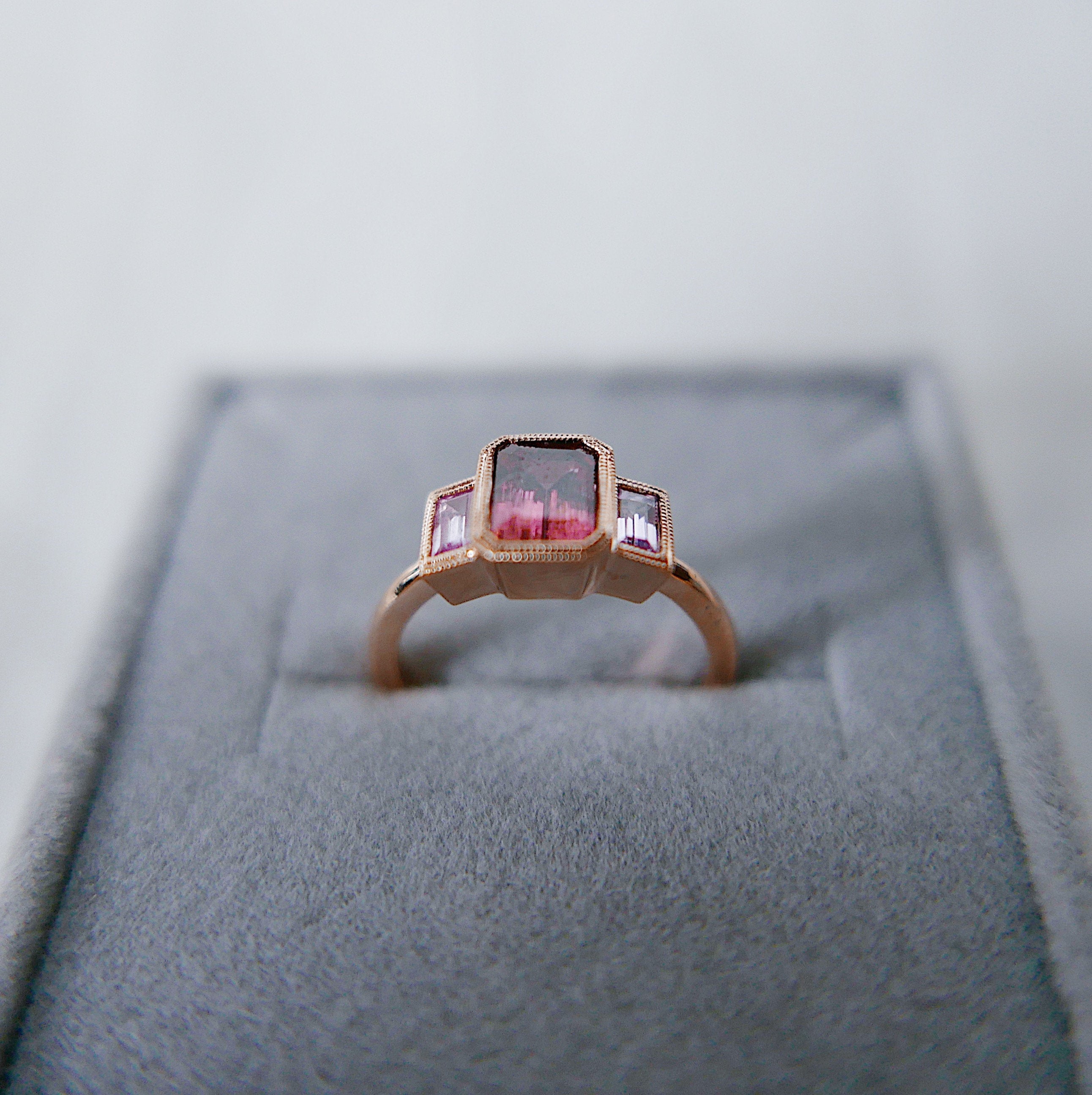 Charlotte Three Stone Tourmaline Ring, Tourmaline ring, tourmaline and sapphire ring, Pink stone wedding ring, classic engagement ring, ooak