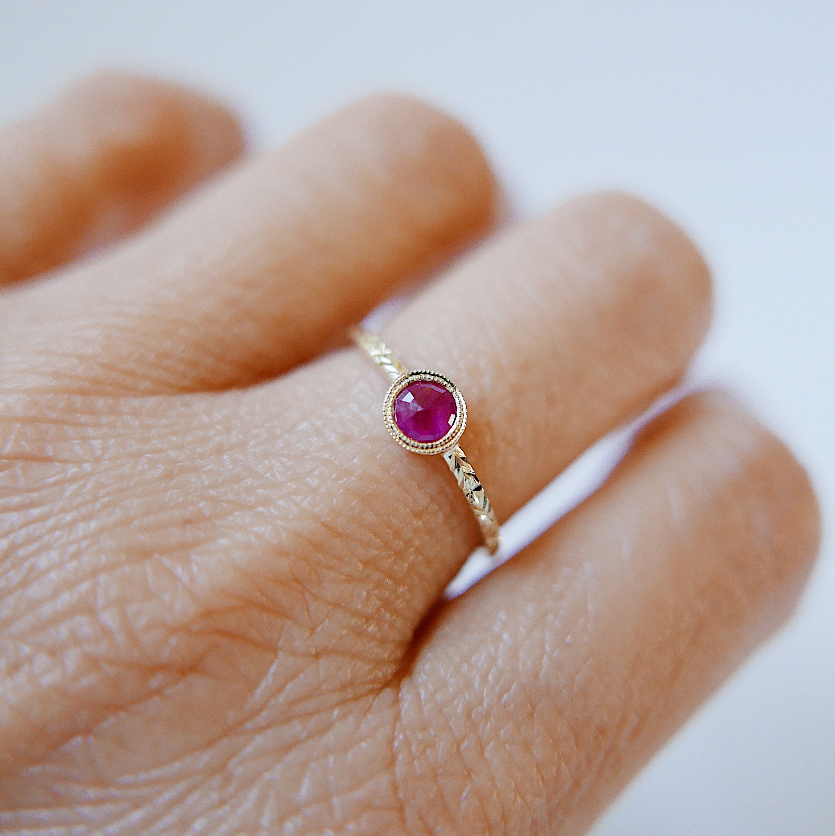 Juliette Ruby Ring, ruby solitaire ring, gold bezel stone ring, 14k gold ruby ring, gold hand engraved band, ooak, rose cut ruby ring