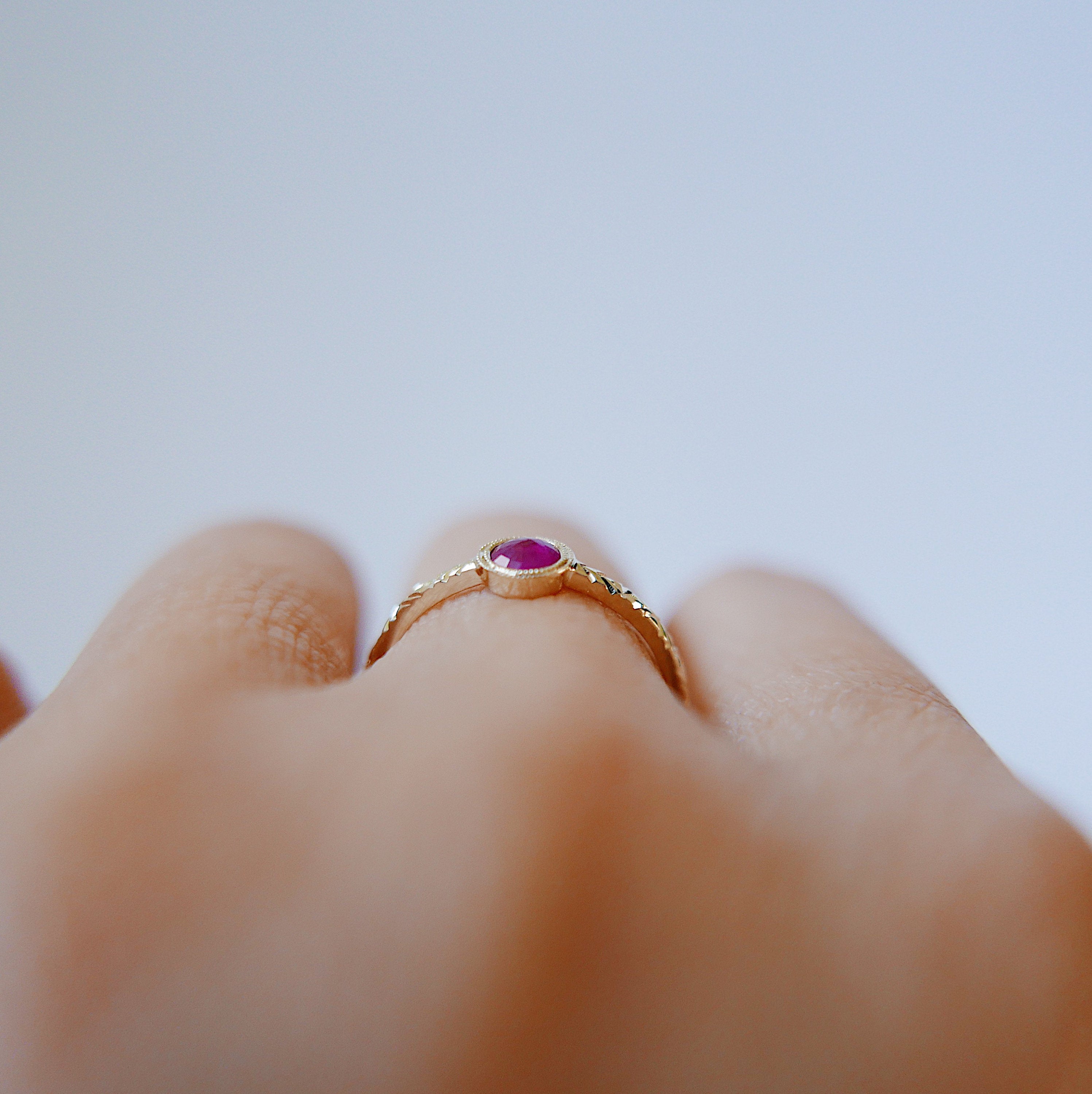 Juliette Ruby Ring, ruby solitaire ring, gold bezel stone ring, 14k gold ruby ring, gold hand engraved band, ooak, rose cut ruby ring