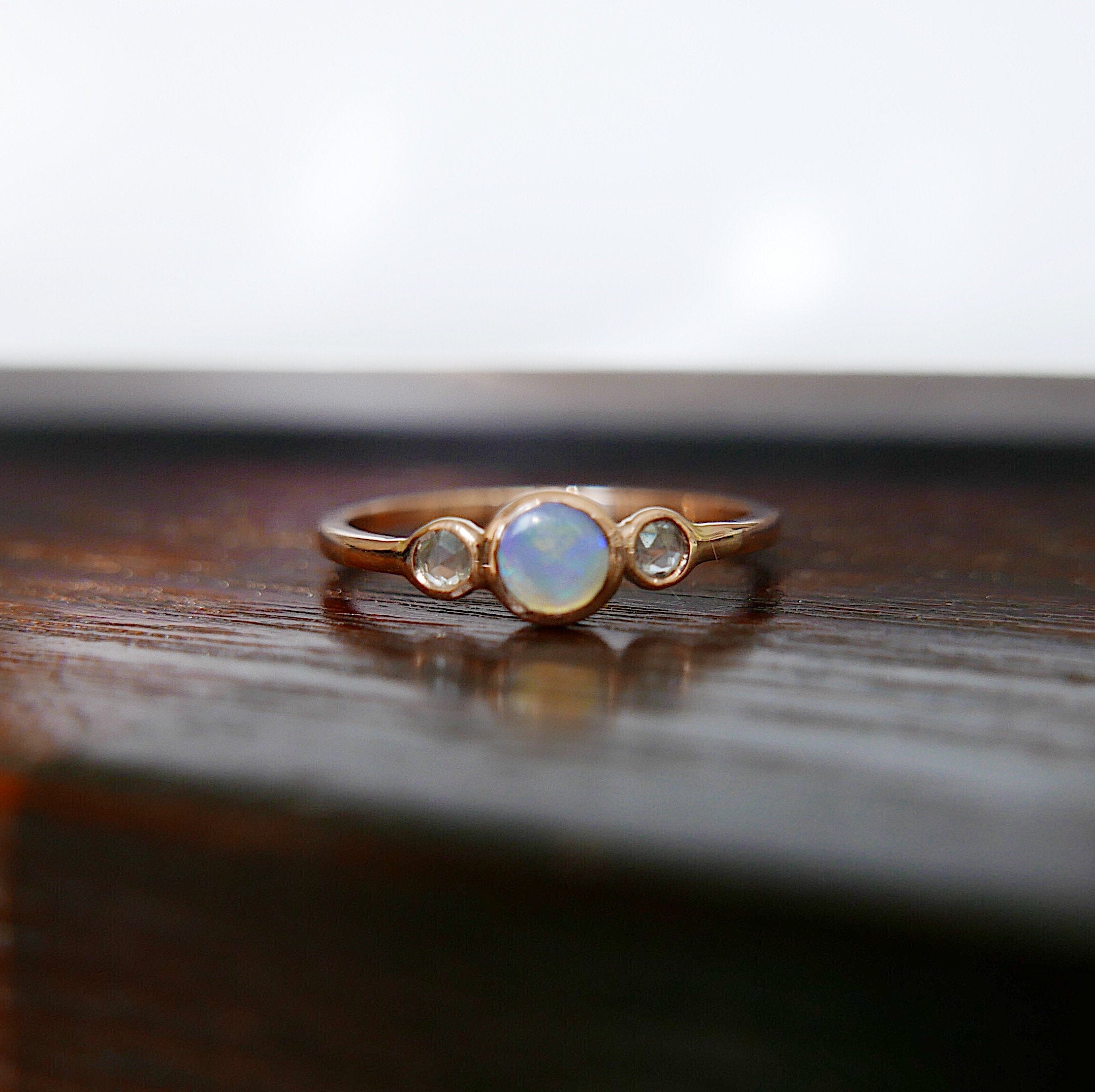 3 Stone Opal Ring, three stone bezel ring, rose cut sapphire ring, 14k gold rosecut sapphire ring, opal ring