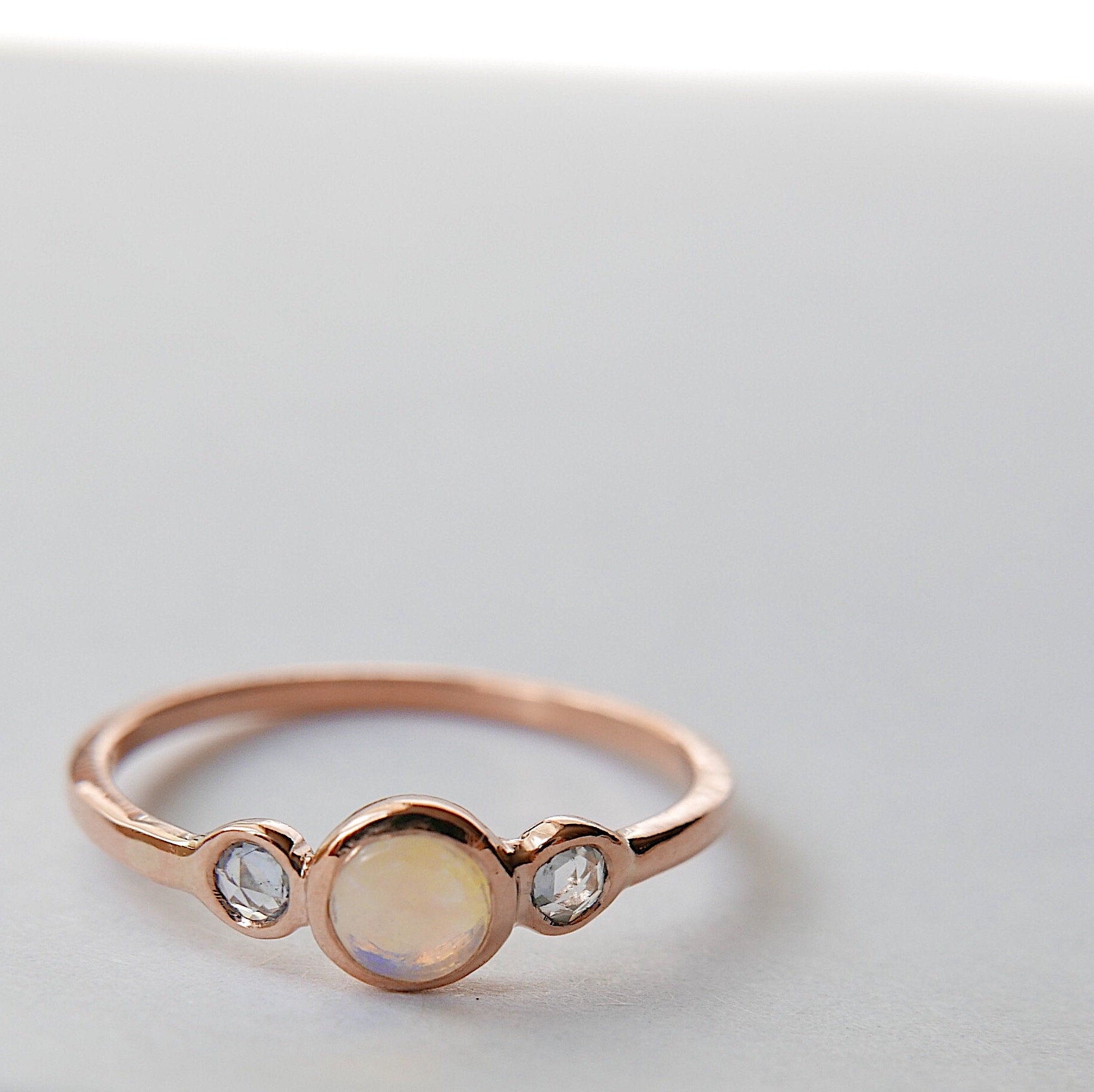 3 Stone Opal Ring, three stone bezel ring, rose cut sapphire ring, 14k gold rosecut sapphire ring, opal ring