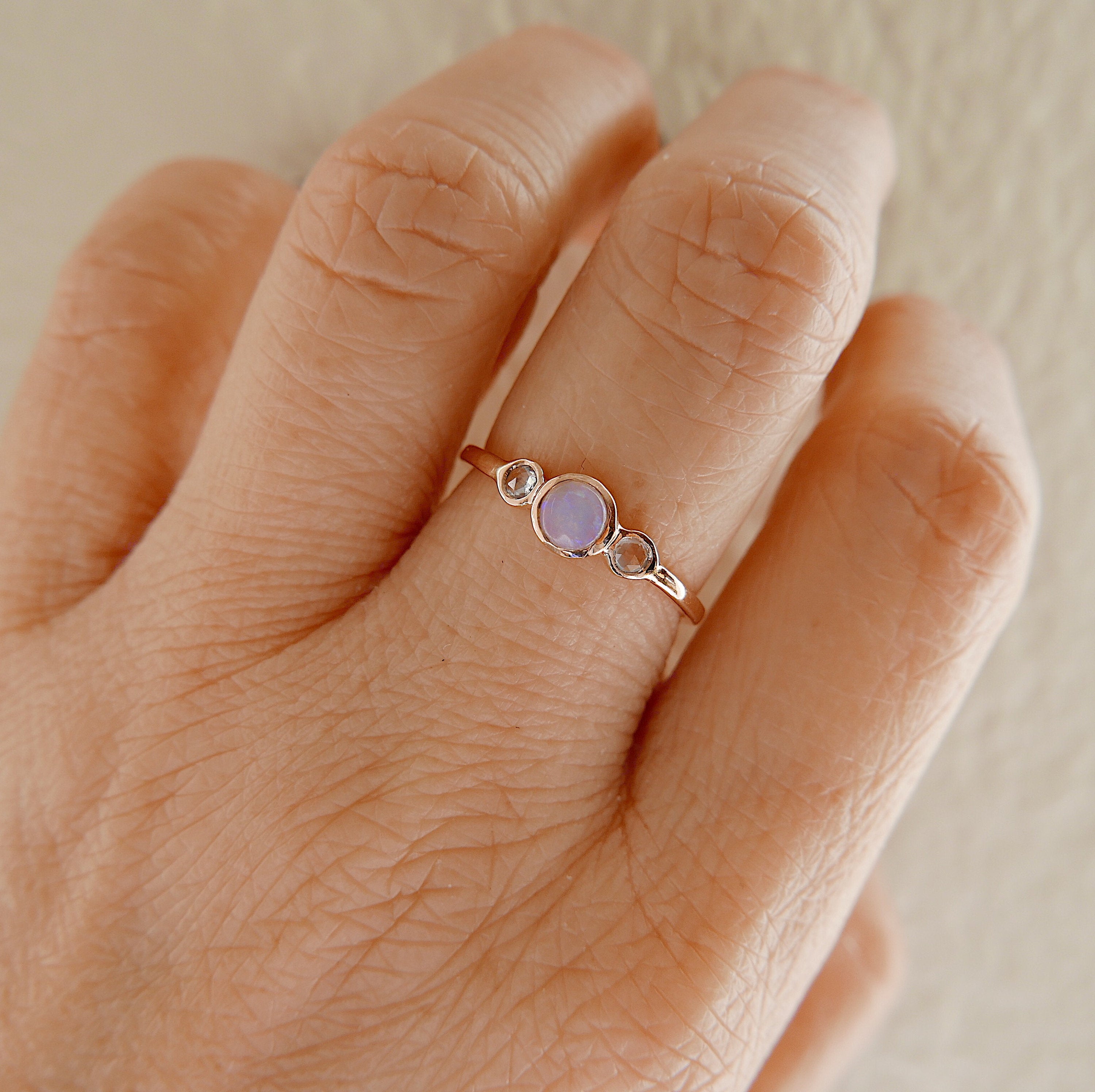 3 Stone Opal Ring, three stone bezel ring, rose cut sapphire ring, 14k gold rosecut sapphire ring, opal ring