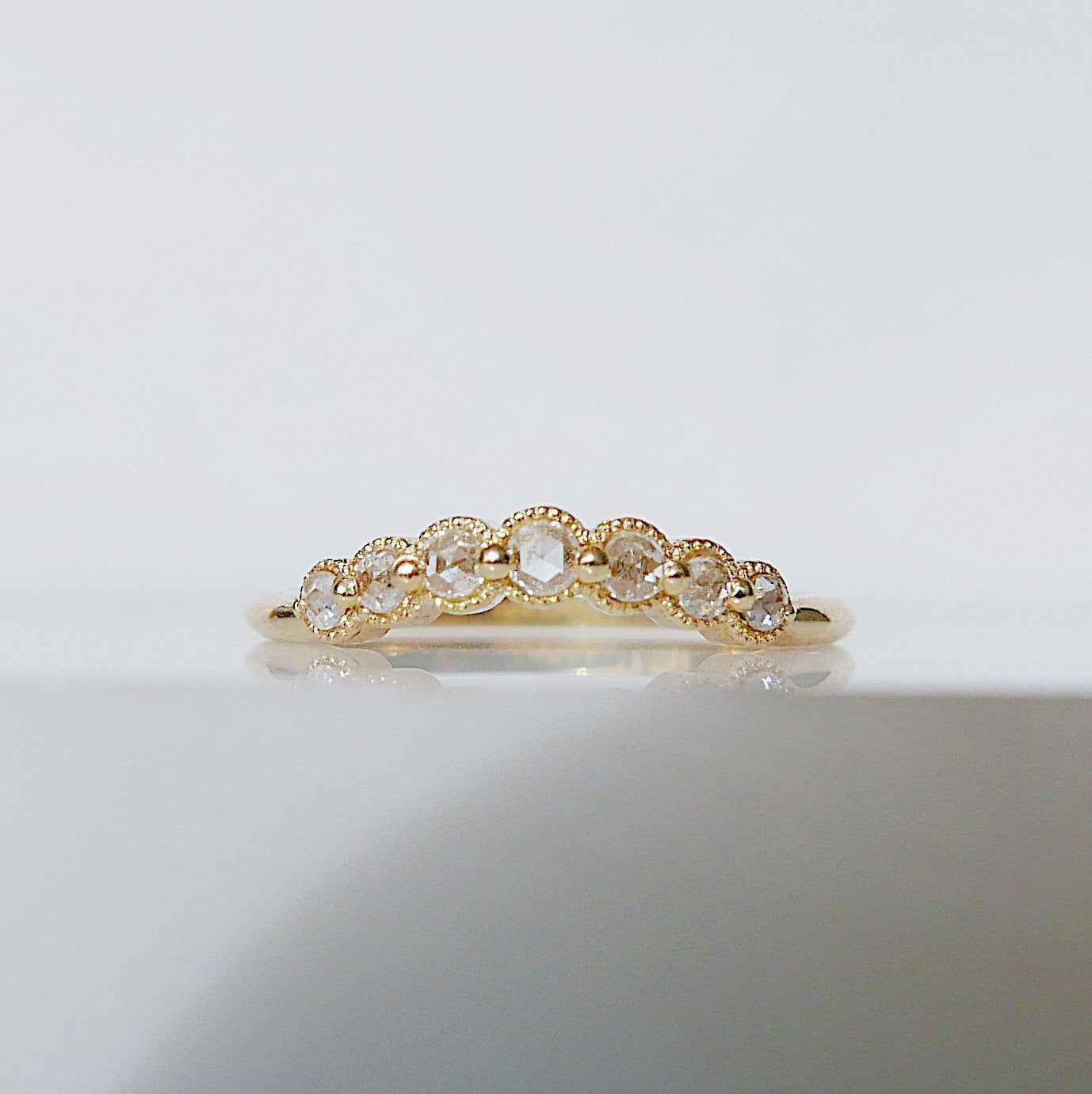 Milgrain Diamond Arc Ring Small, Monet rosecut diamond nesting ring small, 14k gold arc ring, delicate wedding ring, stacking ring