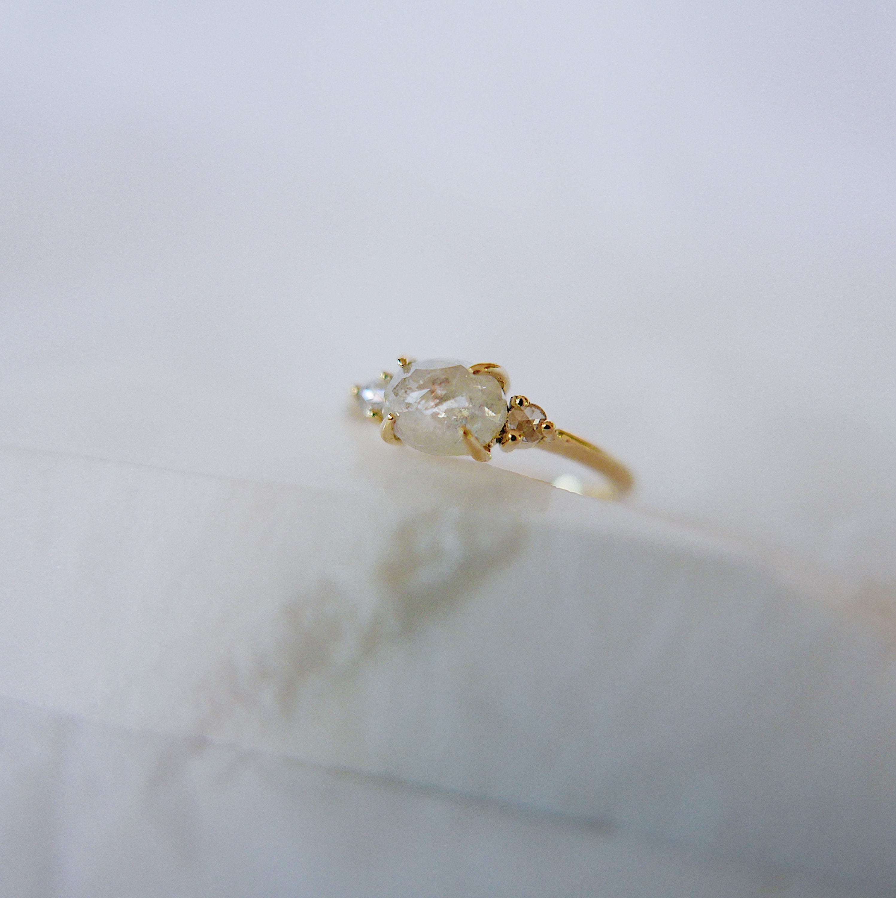 Oval Rose Cut Diamond Ring 2.0, three stone ring, rose cut diamond ring, 14k gold diamond ring, east west ring