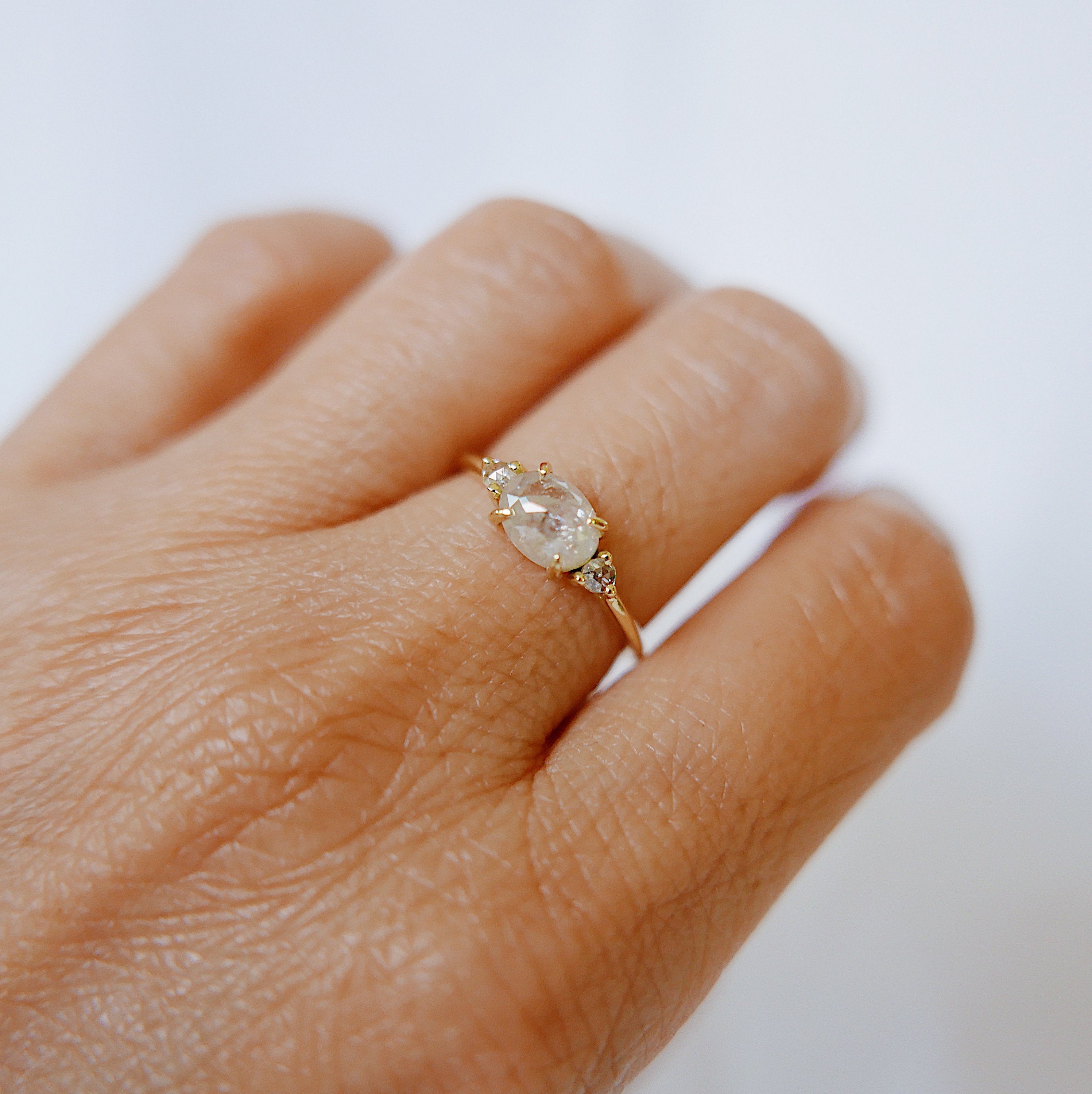 Oval Rose Cut Diamond Ring 2.0, three stone ring, rose cut diamond ring, 14k gold diamond ring, east west ring