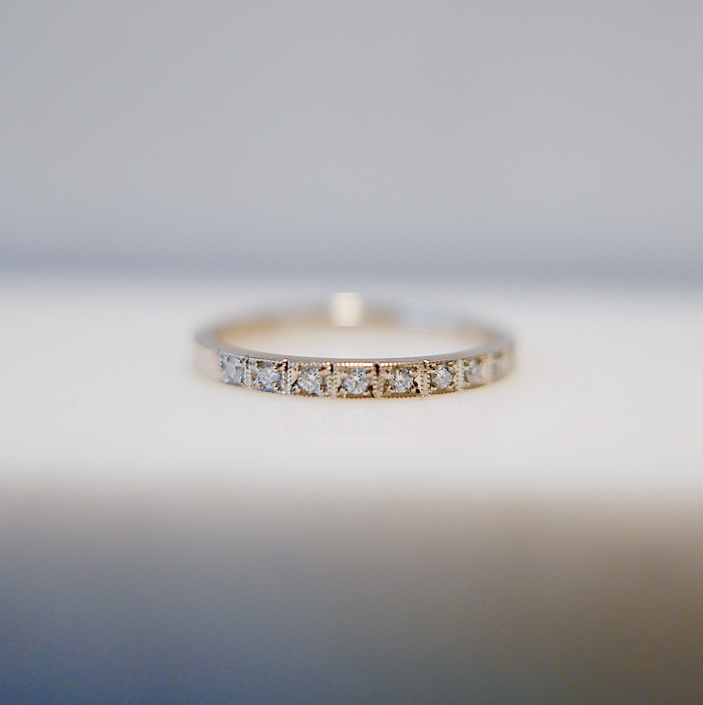 Requited Love Diamond Half Eternity Band, hand engraved diamond ring, wedding band, infinity Geometric ring, vintage inspired band