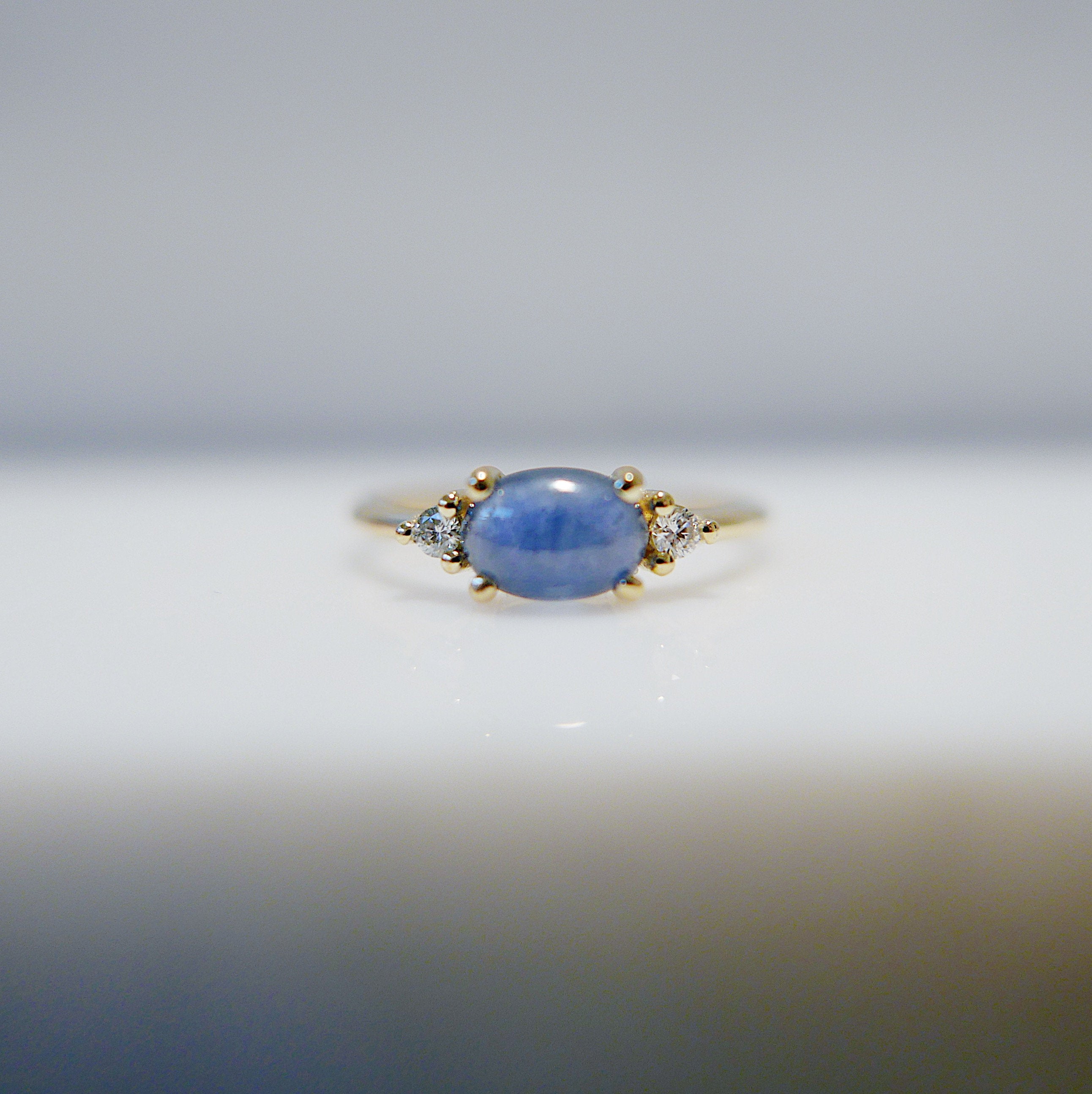 Oval Blue Sapphire Ring 2.0, three stone ring, blue sapphire and diamond ring, 14k gold sapphire ring, east west ring