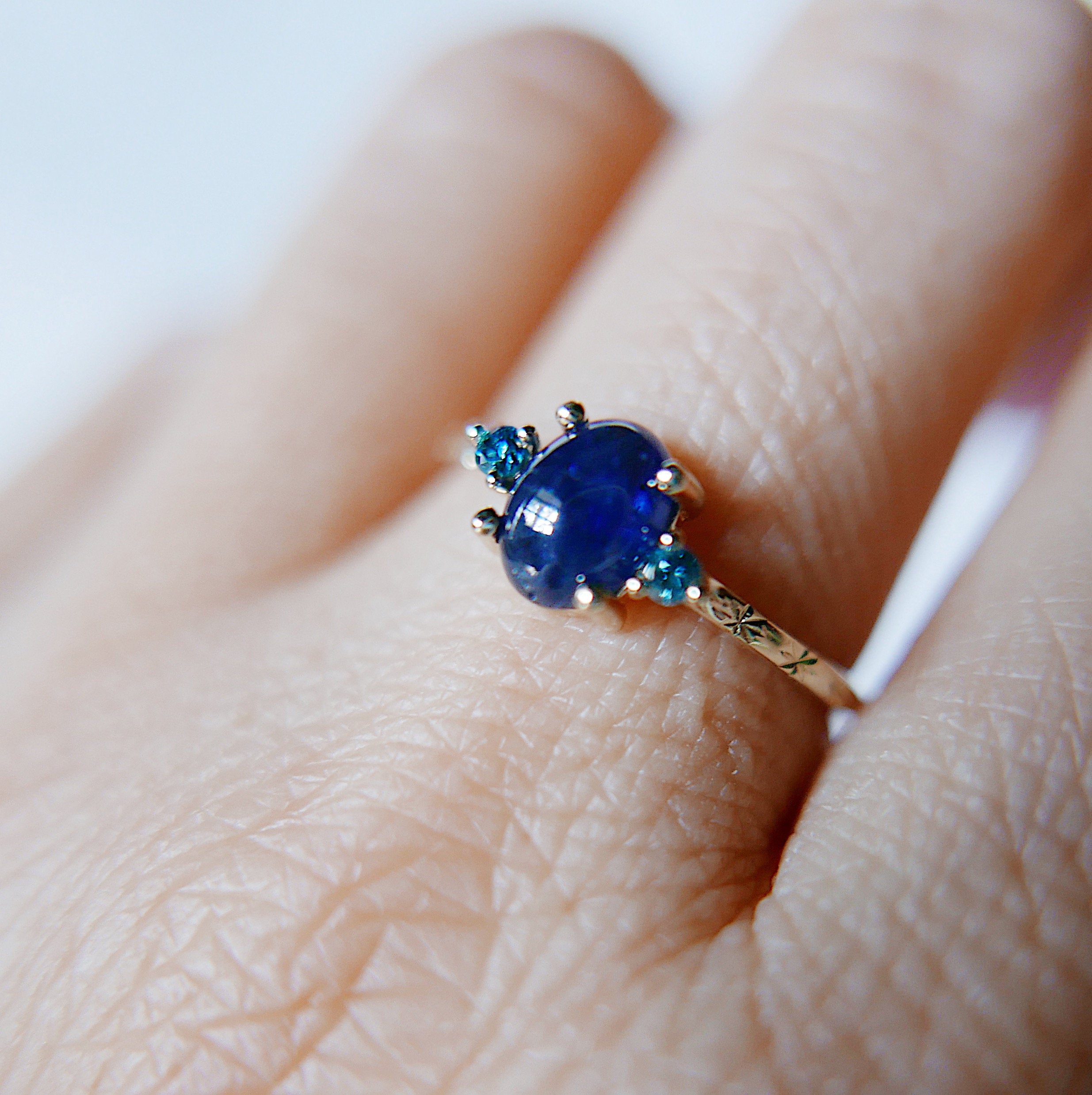 Nebula Blue Sapphire Oval Ring, OOAK, blue diamond ring, one of a kind, unique engagement ring, blue three stone hand engraved ring