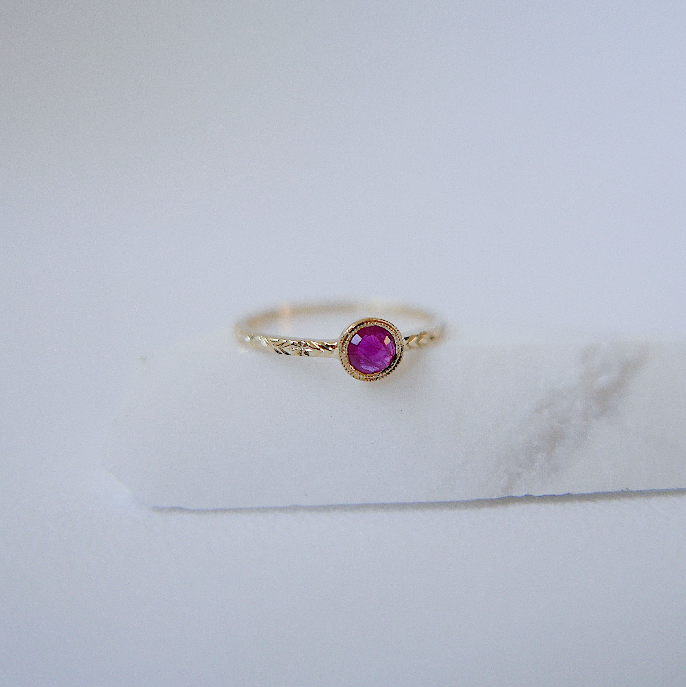 Juliette Ruby Ring, ruby solitaire ring, gold bezel stone ring, 14k gold ruby ring, gold hand engraved band, ooak, rose cut ruby ring