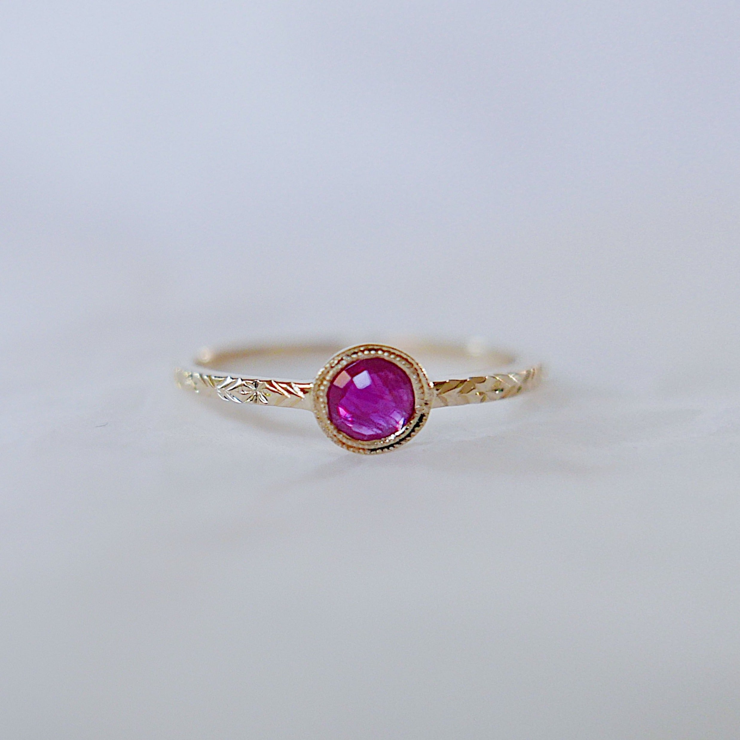 Juliette Ruby Ring, ruby solitaire ring, gold bezel stone ring, 14k gold ruby ring, gold hand engraved band, ooak, rose cut ruby ring