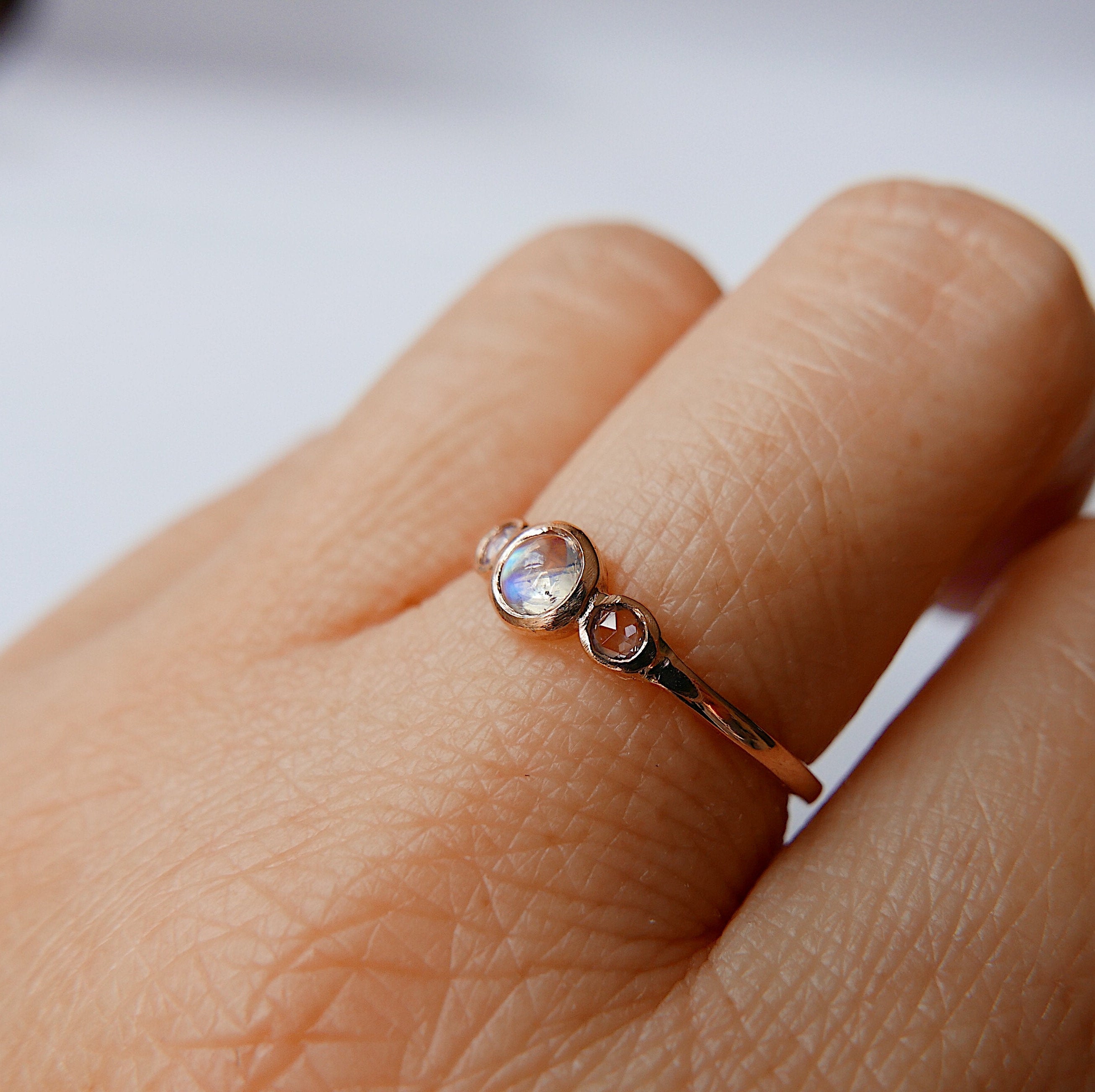 3 Stone Moonstone Ring, three stone bezel ring, rose cut sapphire ring, 14k gold rosecut sapphire ring, moonstone ring