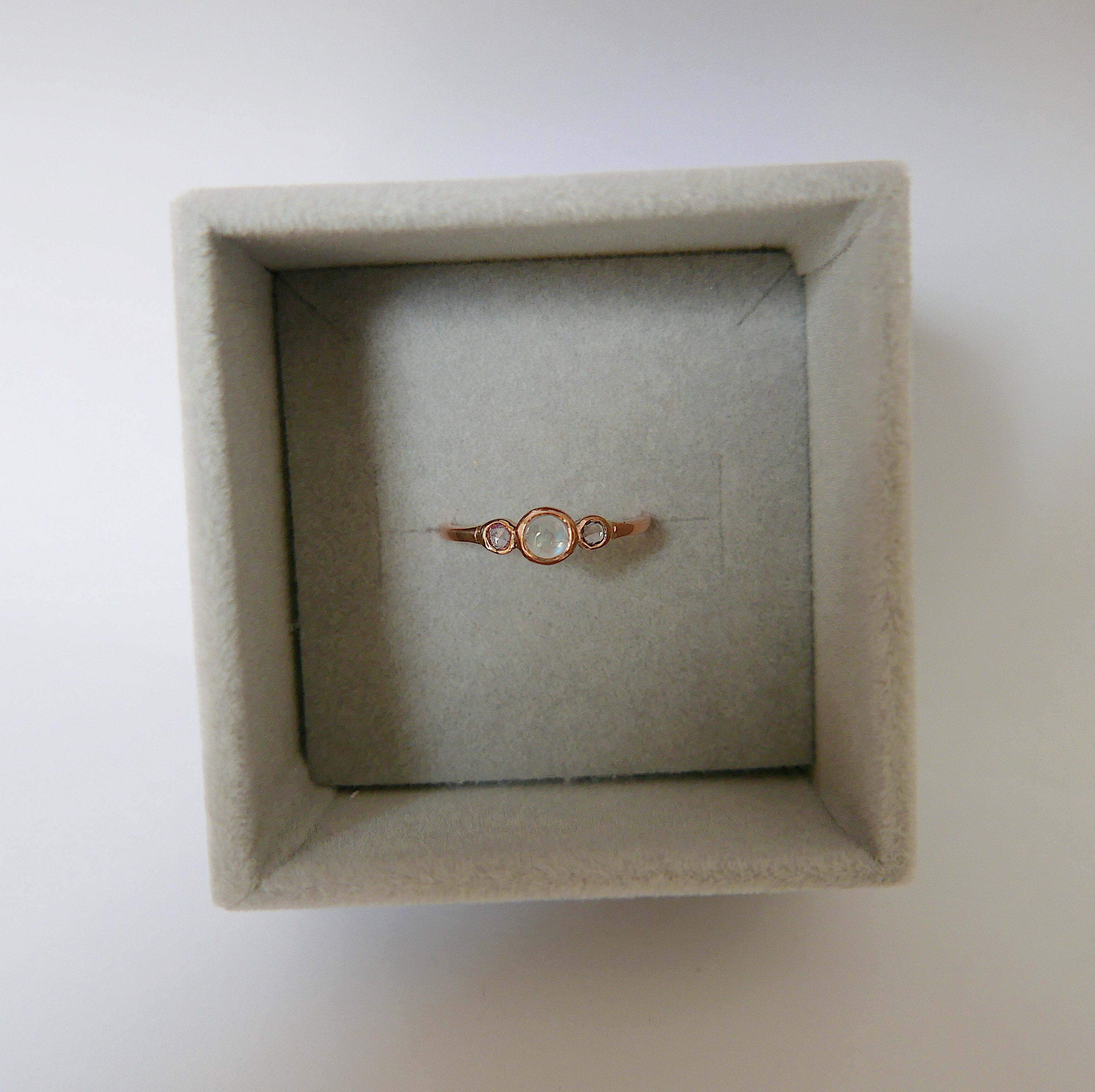 3 Stone Moonstone Ring, three stone bezel ring, rose cut sapphire ring, 14k gold rosecut sapphire ring, moonstone ring