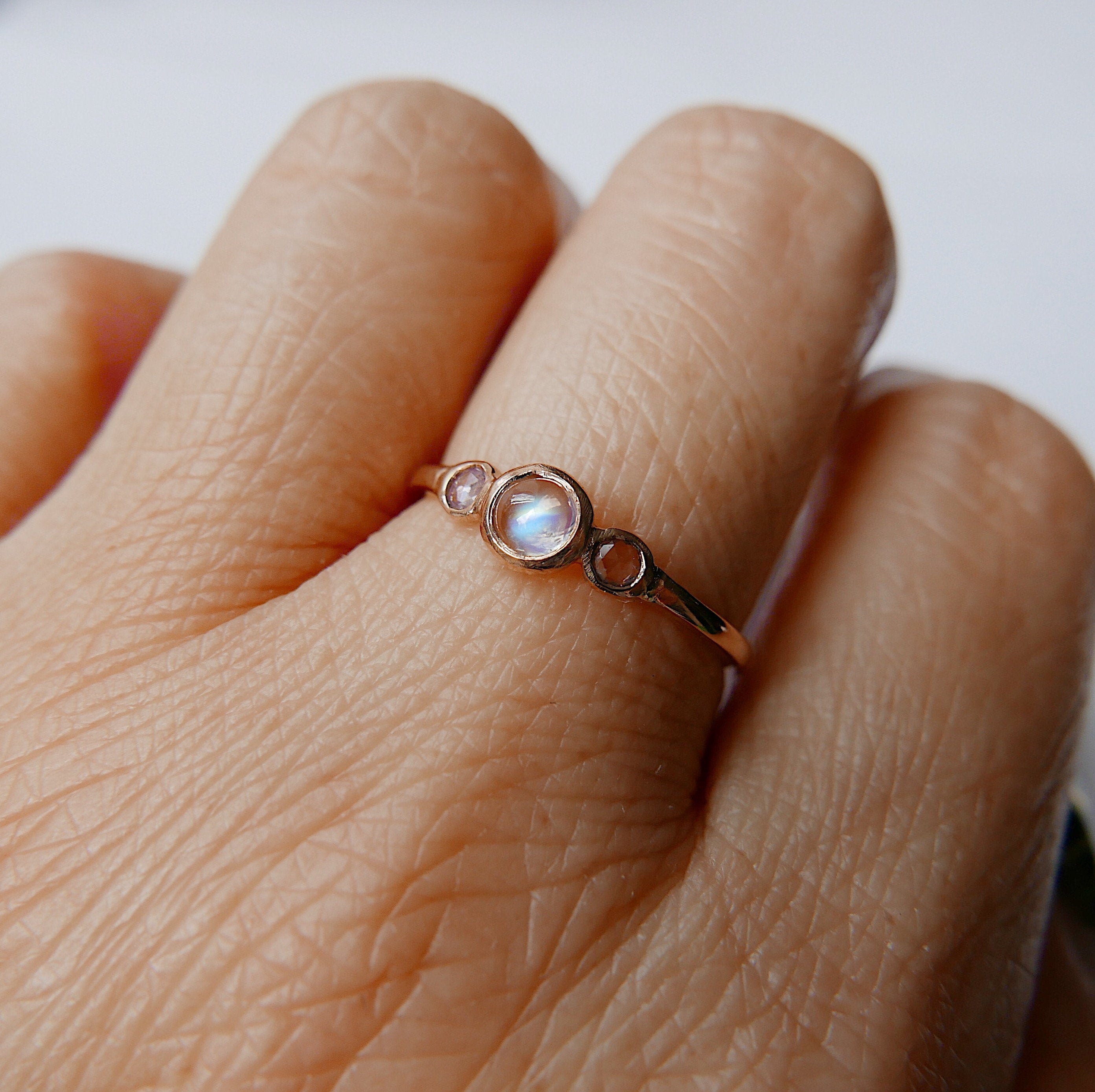 3 Stone Moonstone Ring, three stone bezel ring, rose cut sapphire ring, 14k gold rosecut sapphire ring, moonstone ring