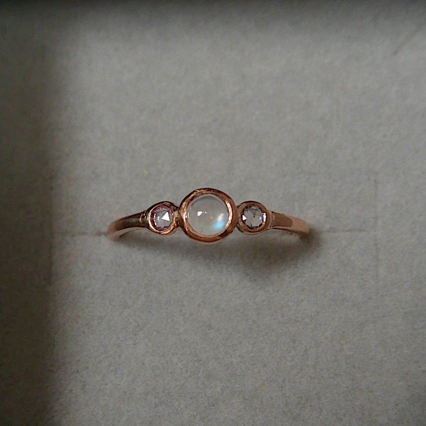 3 Stone Moonstone Ring, three stone bezel ring, rose cut sapphire ring, 14k gold rosecut sapphire ring, moonstone ring